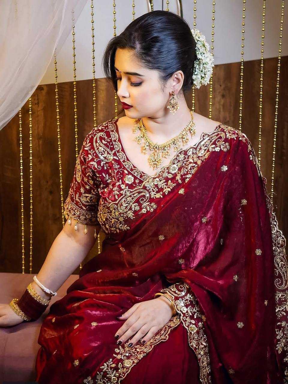 Sareya Veela Designer Sequins and Jari Thread Embroidery Work Saree with Elegant Border and Intricate Cutwork Detailing for Festive Wedding (Maroon)