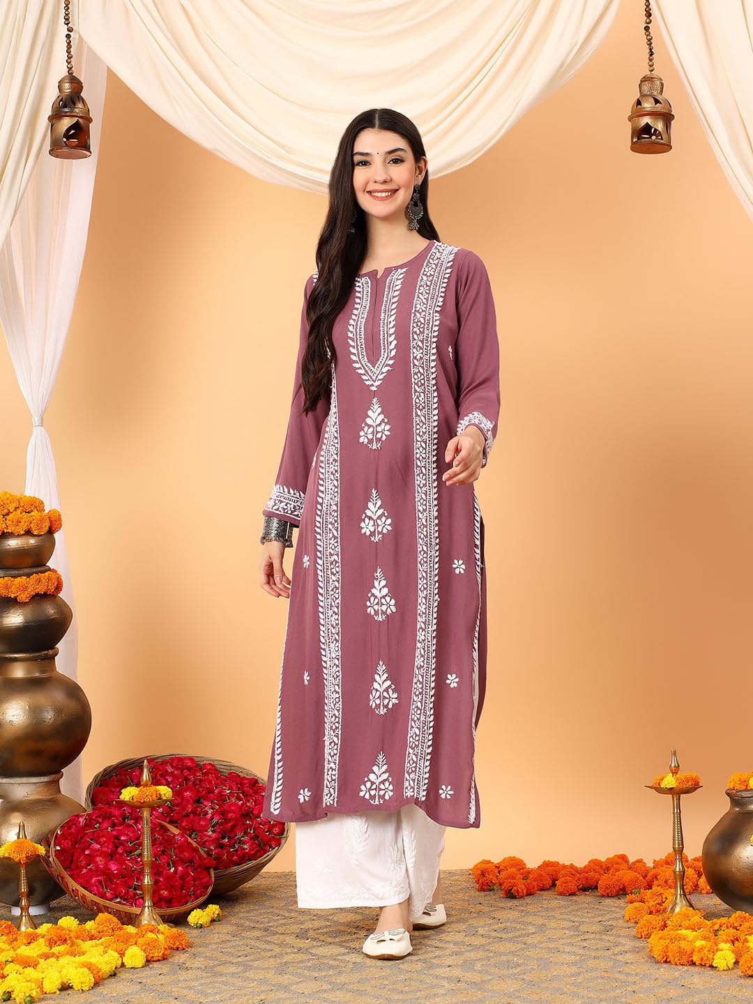 GoSriKi Women's Viscose Straight Embroidered Kurta (Kinjal Mauve-GS_L_Maroon_Large)