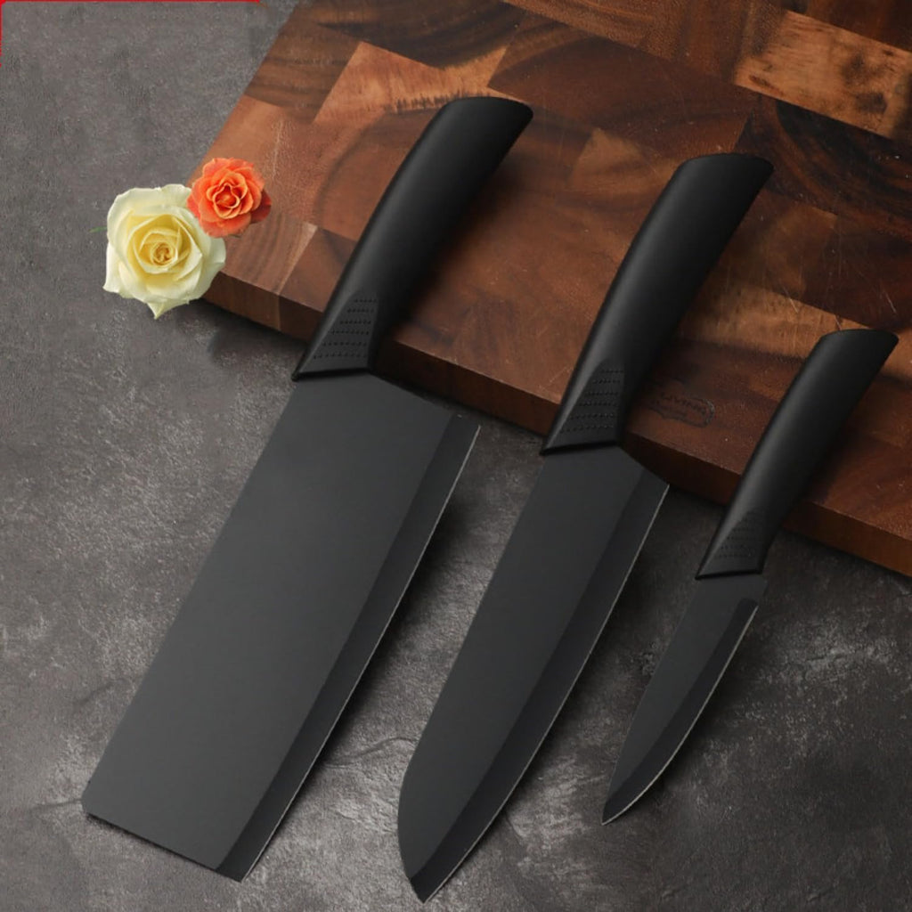 ZUDELLA Professional Kitchen Knife Set, 3-Piece Black Chef Knives with Ergonomic Handles Sharp Manual Sharpening for Home Kitchen & Restaurant (Black)