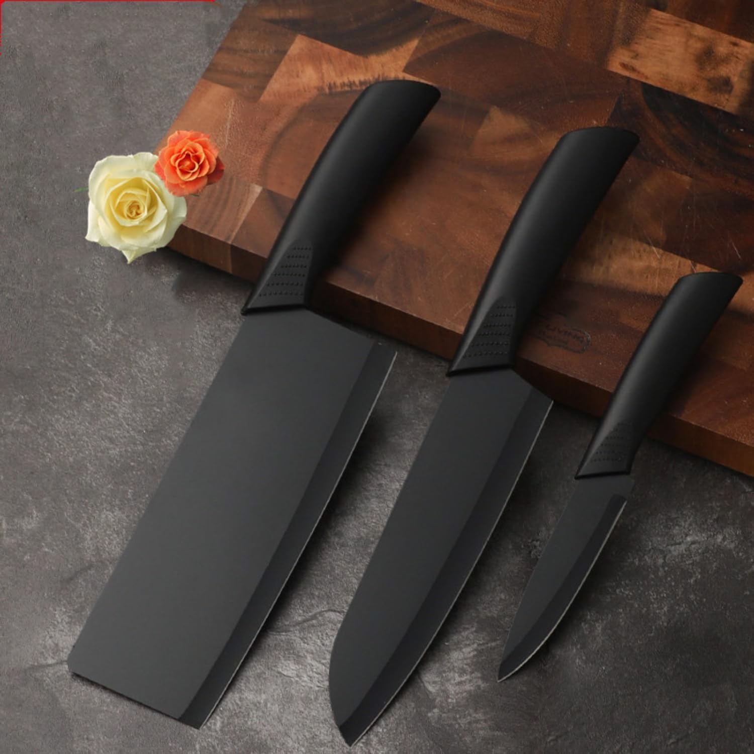 ZUDELLA Professional Kitchen Knife Set, 3-Piece Black Chef Knives with Ergonomic Handles Sharp Manual Sharpening for Home Kitchen & Restaurant (Black)