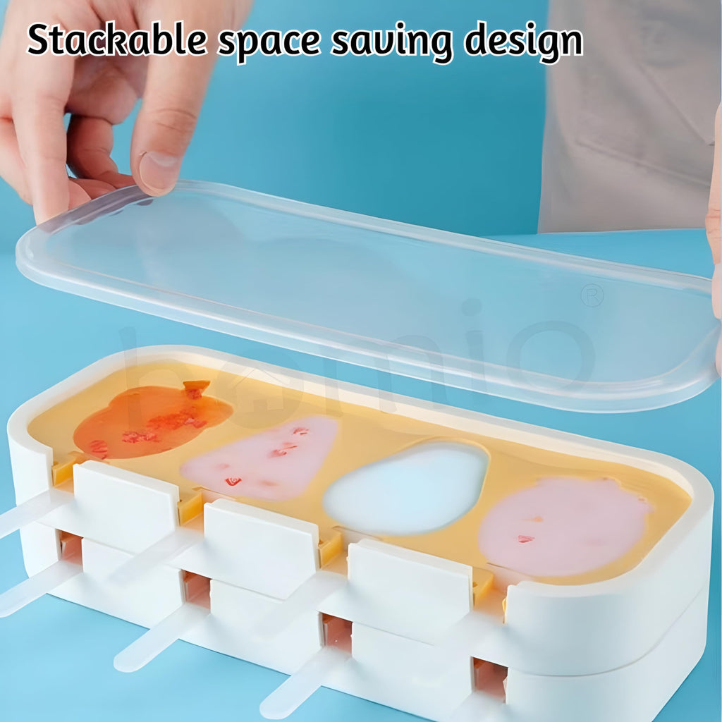 HOMIO 4 Fruit Shape Cavity Non-Stick Silicone Ice Cream Mould with Lid & 6 Plastic Sticks Reusable Ice Lolly, Frozen Candy, Kulfi Molds, BPA-Free Stackable DIY Icecream Popsicle Maker (Multicolor)
