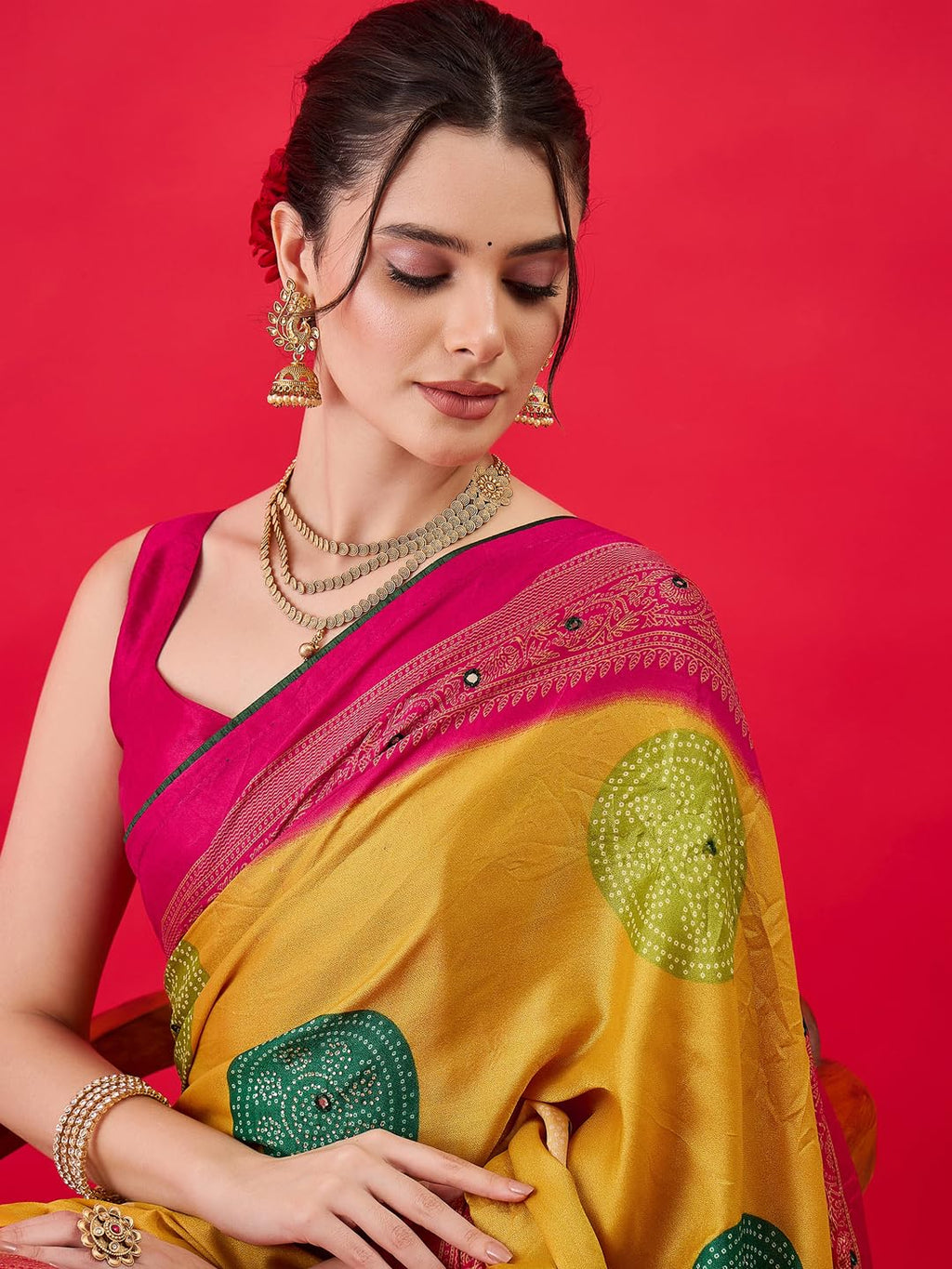 AKHILAM Women's Bandhani Printed Chiffon Saree with Blouse