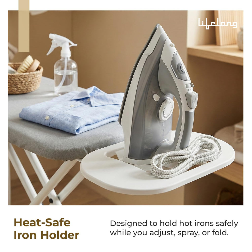 Lifelong Foldable Ironing Board with Silver Heat-Resistant Cover|Heavy-Duty & Sturdy Iron Board with Iron Stand|Adjustable Height, Non-Slip Legs,Portable & Space Saving Design for Easy Ironing at Home