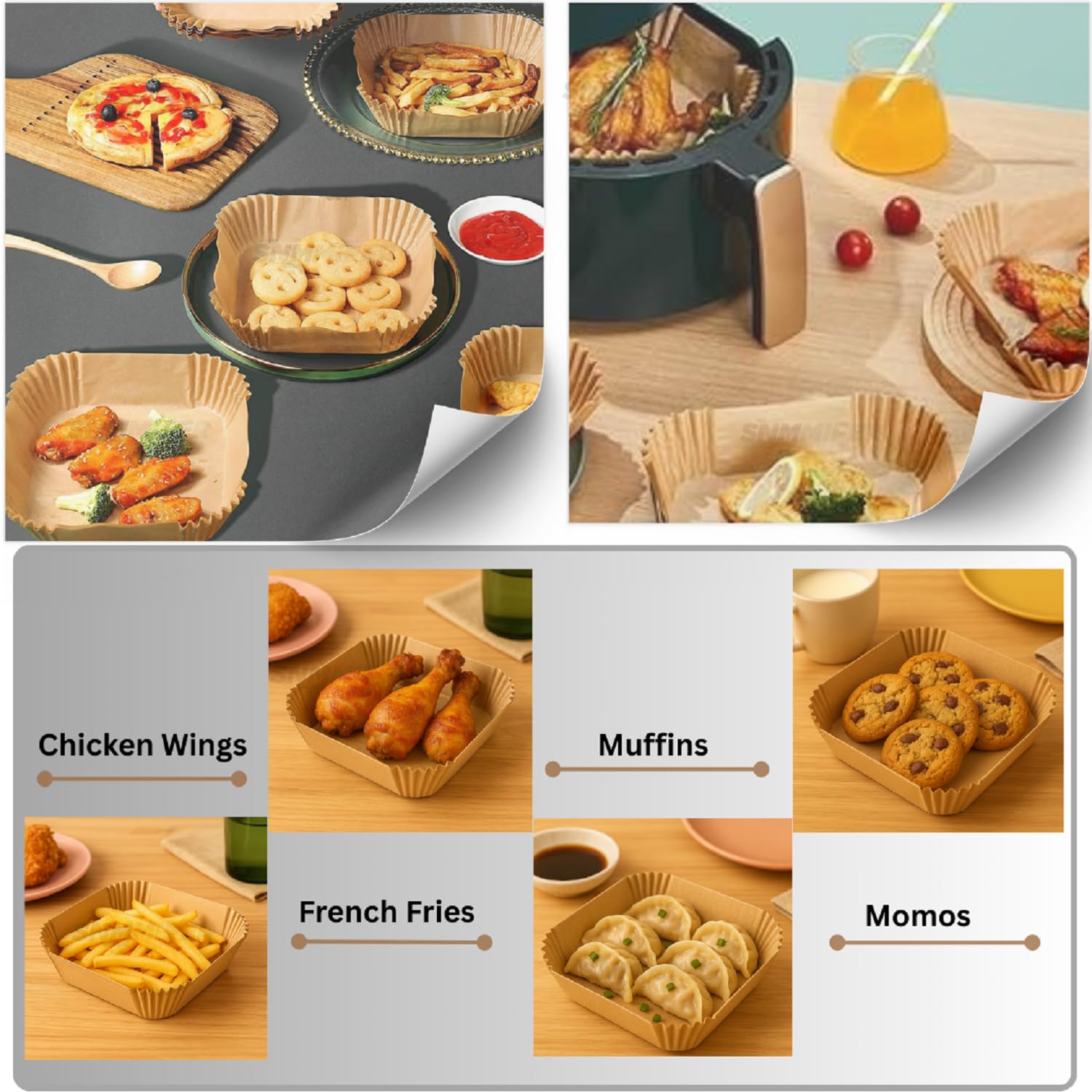 SNMMIFER Air Fryer Liners Disposable, 8 Inch Square, Unbleached Parchment Paper, Non-Stick Waterproof, for 5-8 QT Air Fryer Basket, 100 Pieces
