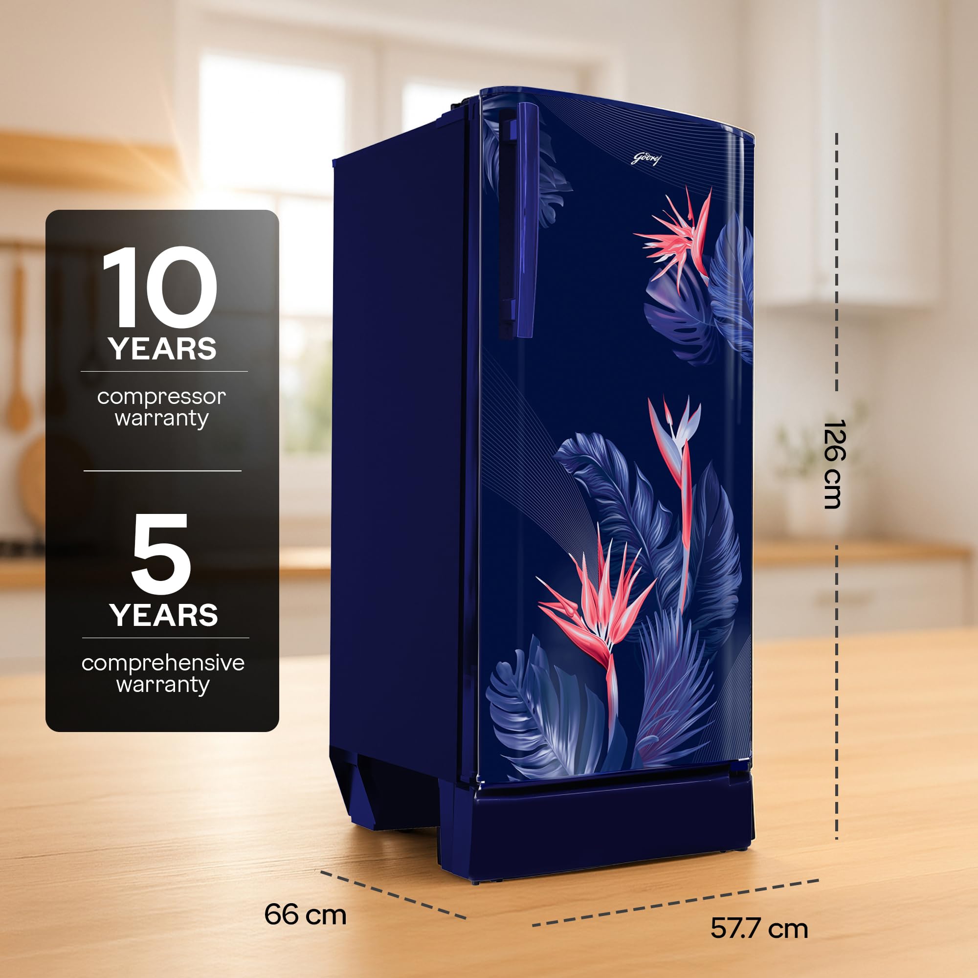 Godrej 183 L 3 Star 5 Years Comprehensive New Launch | Toughened Glass Shelves | 24 Day Farm Freshness | Jumbo Vegetable Tray | Single Door Refrigerator (RD R190CN THF FR BL, Floral Blue)