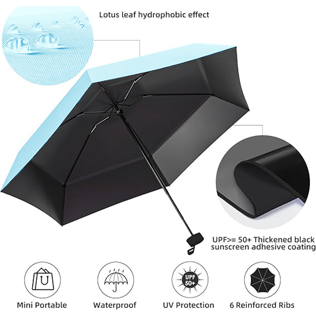 REXERA UV Travel Mini Folding Ultra Compact pastel Umbrella with Case, Manual Open 6 Ribs Lightweight Portable, Small Sun & Rain Pocket Umbrella for Men and Women- Use in Rain & Summer (Skyblue)