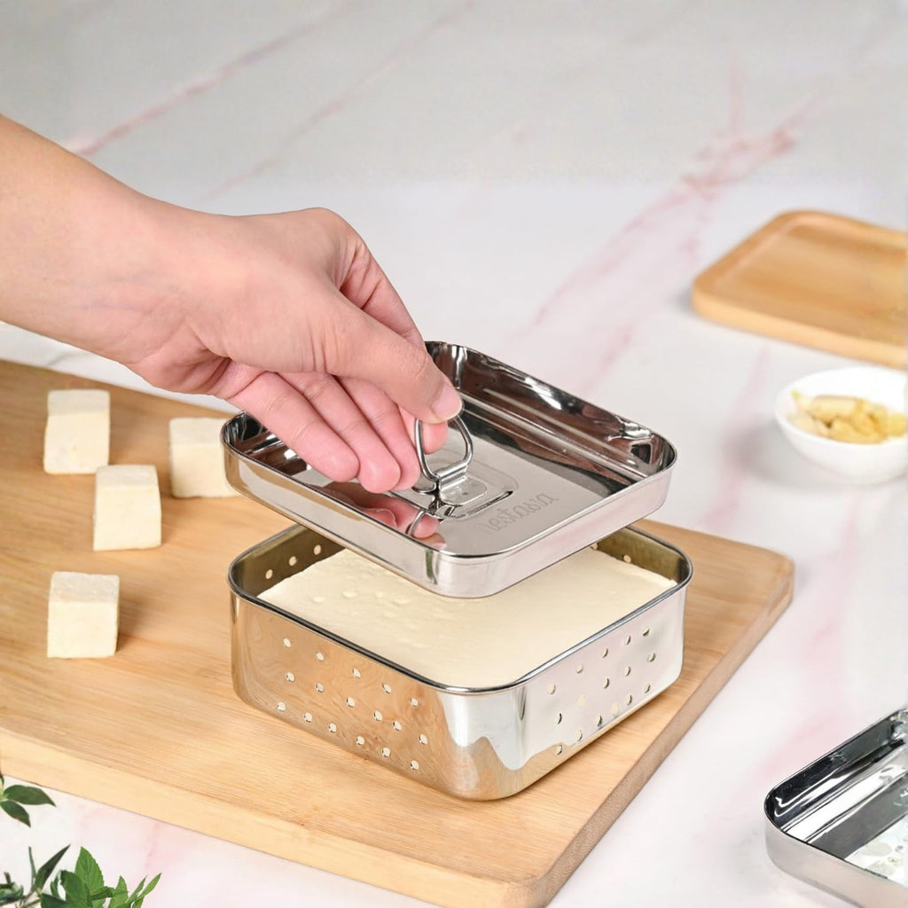 Nestasia Large Stainless Steel Paneer Maker (550 ml) - Square Paneer Maker Mould Press with Lid | Rust Resistant Medium Paneer Strainer - Perfect for Fresh Paneer, Tofu & Sprouts