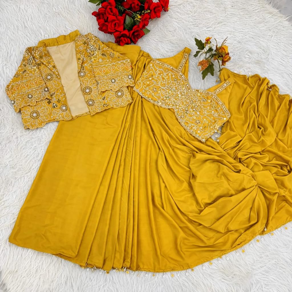 CLASSY FASHION HUB Women's Embellished, Embroidered Ready-to-Wear Crepe Silk Saree with Fully Embroidered Koti, Stitched Blouse & Lace Border – Ethnic for Women (Musterd)