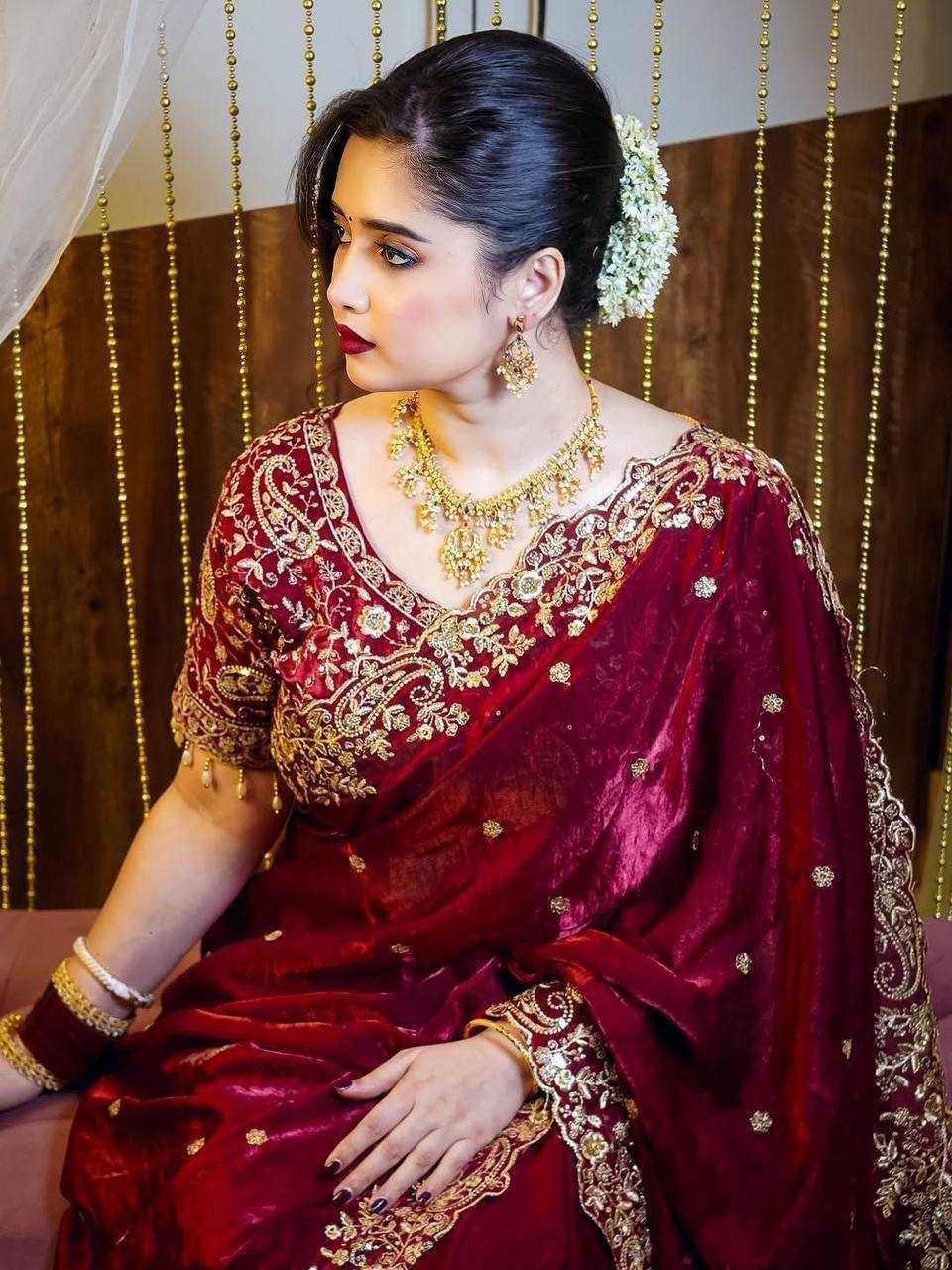 Sareya Veela Designer Sequins and Jari Thread Embroidery Work Saree with Elegant Border and Intricate Cutwork Detailing for Festive Wedding (Maroon)