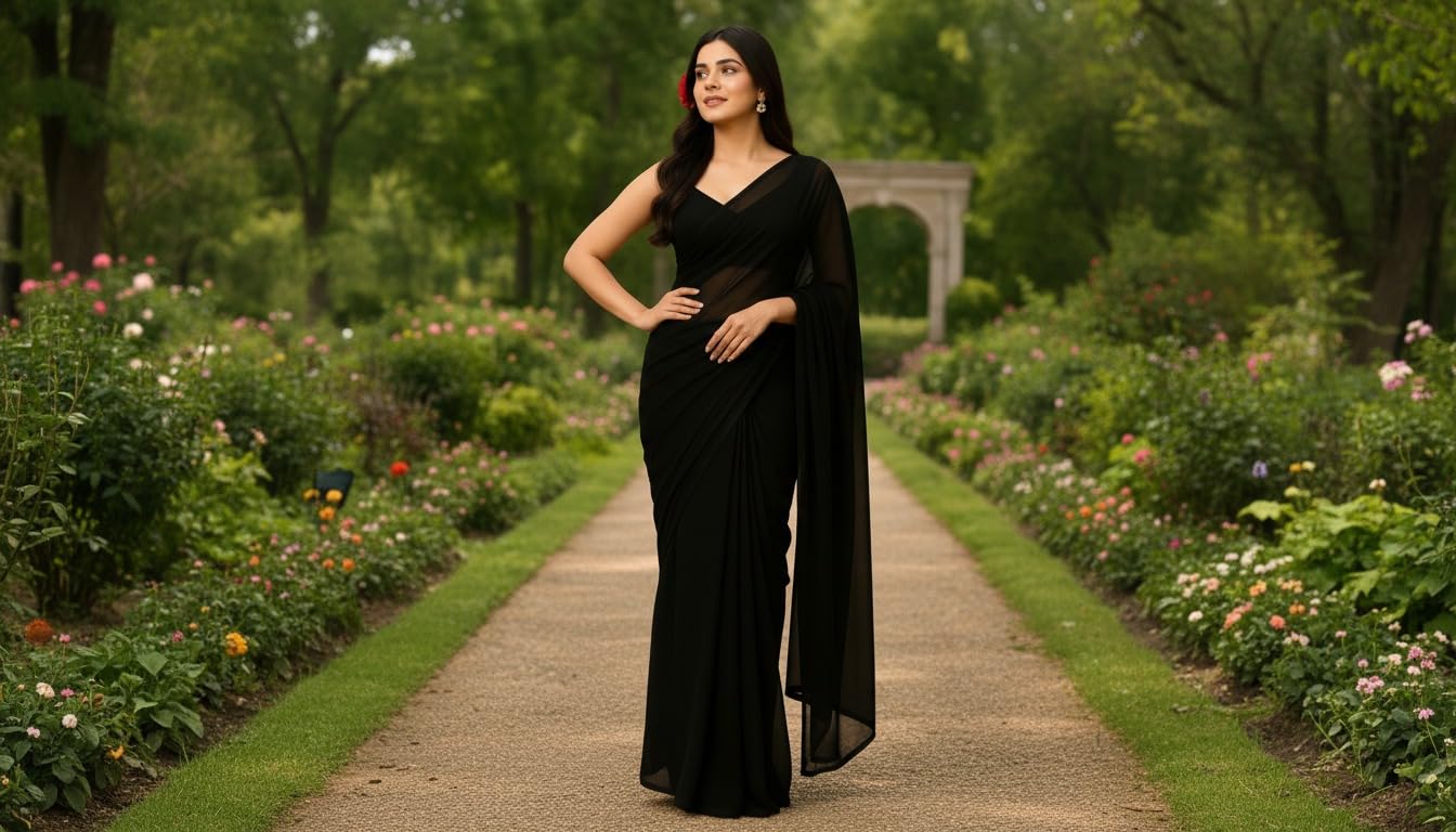 SHREE SHYAM ENTERPRISE Premium Georgette Saree for Women | Plain Saree with Soft Flowing Drape | Comes with Unstitched Blouse Piece (BLACK)