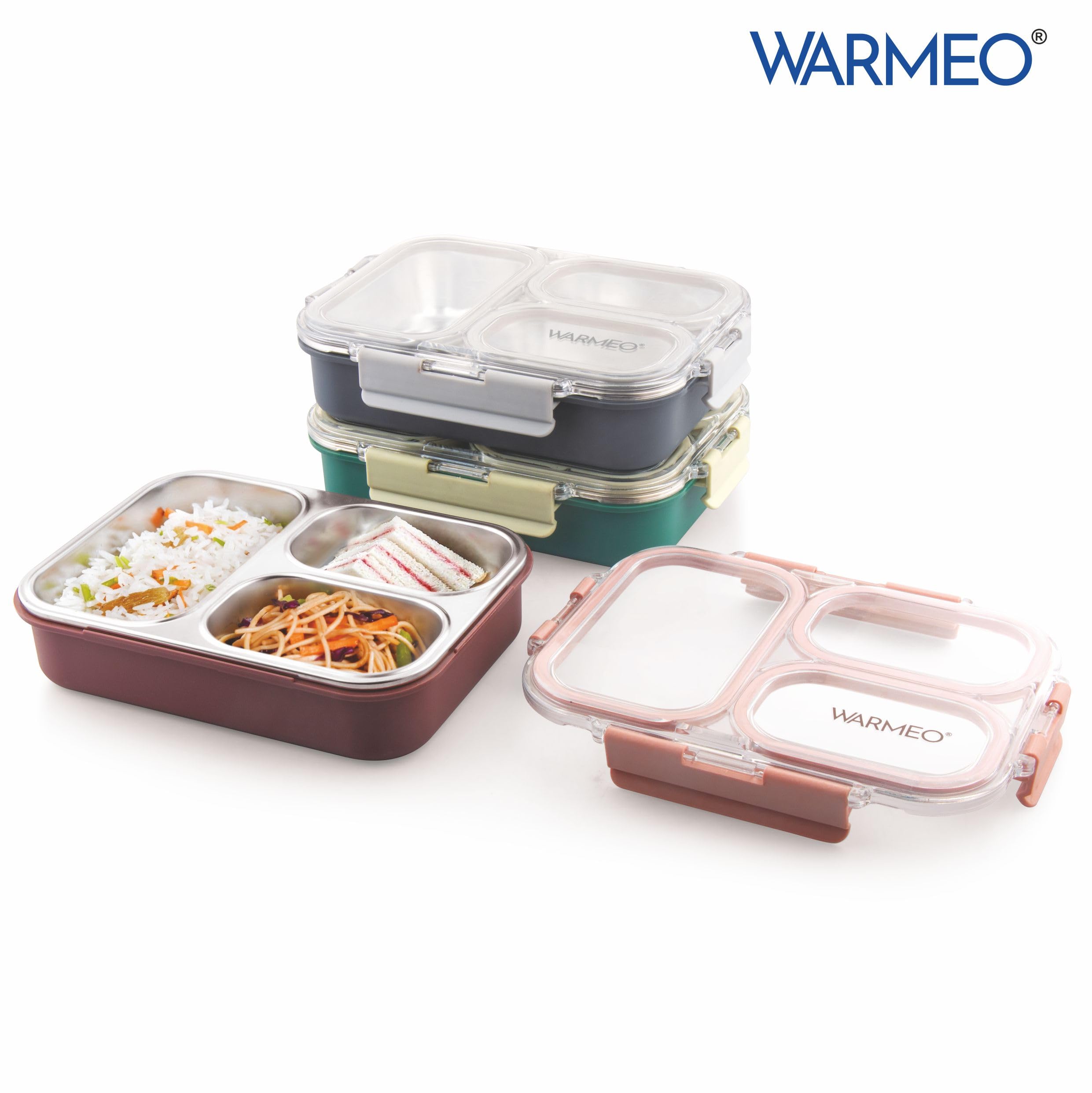WARMEO BENTO Microwave-Safe Stainless Steel Lunchbox with 3 compartments,bpa Free,Perfect for Office, School, Travelling, 750ml-Green