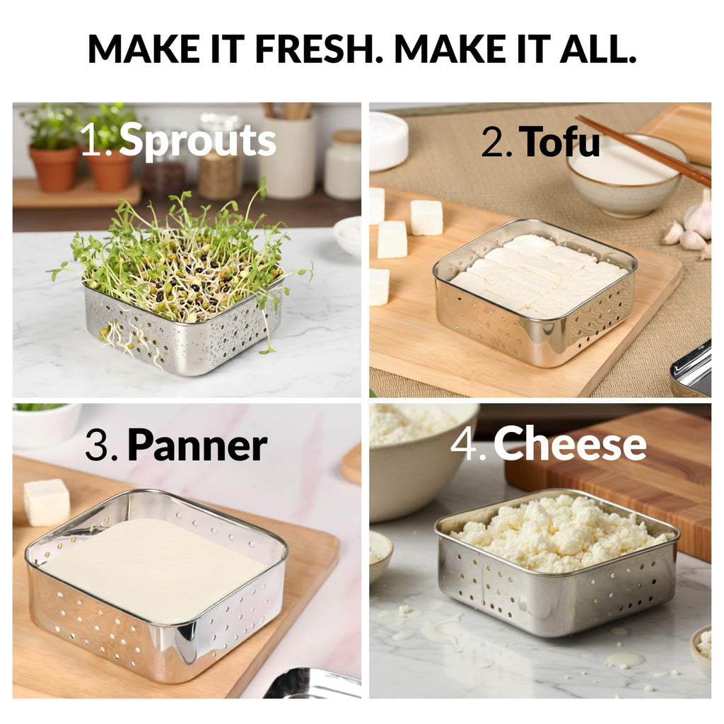 Nestasia Large Stainless Steel Paneer Maker (550 ml) - Square Paneer Maker Mould Press with Lid | Rust Resistant Medium Paneer Strainer - Perfect for Fresh Paneer, Tofu & Sprouts