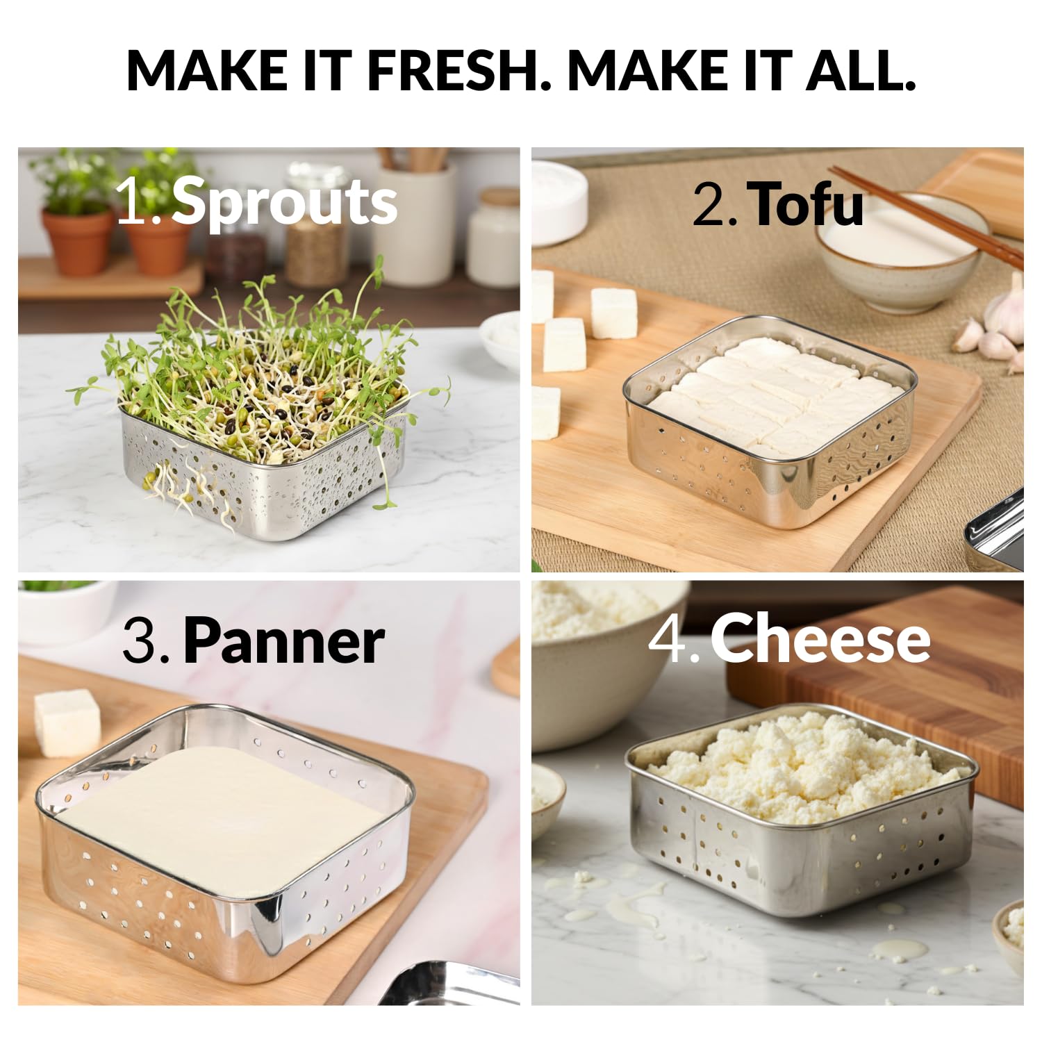 Nestasia Large Stainless Steel Paneer Maker (550 ml) - Square Paneer Maker Mould Press with Lid | Rust Resistant Medium Paneer Strainer - Perfect for Fresh Paneer, Tofu & Sprouts