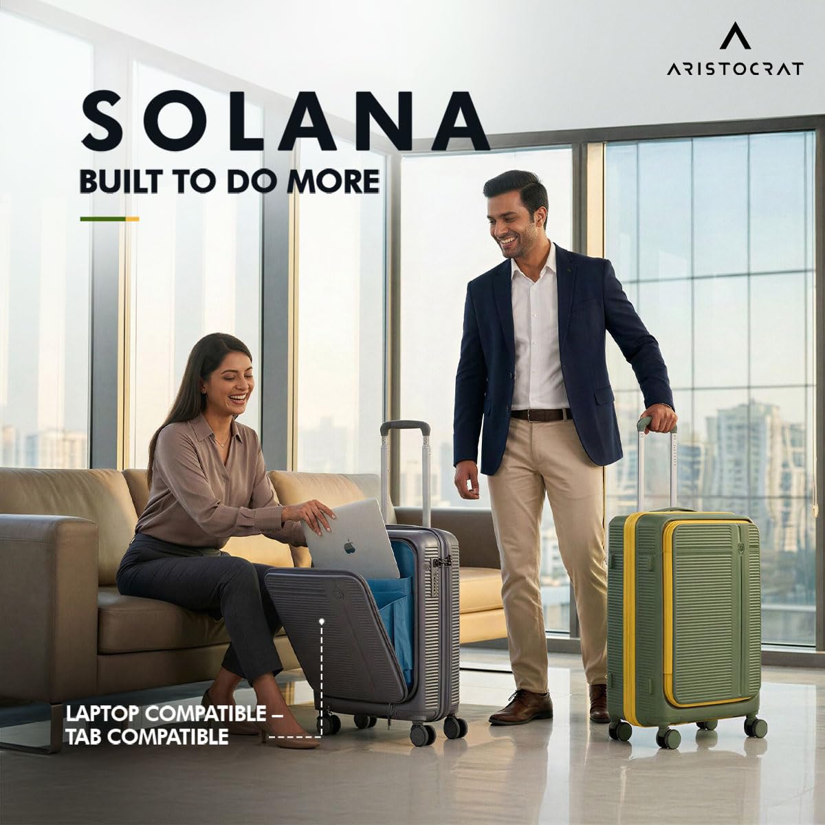 Aristocrat Solana Cabin Trolley Bag 53cm | Small | Hard Luggage | 8-Wheel Suitcase with Laptop Compartment for Business Travel | TSA Lock with Anti-Theft Zipper | 3 Years International Warranty (Blue)