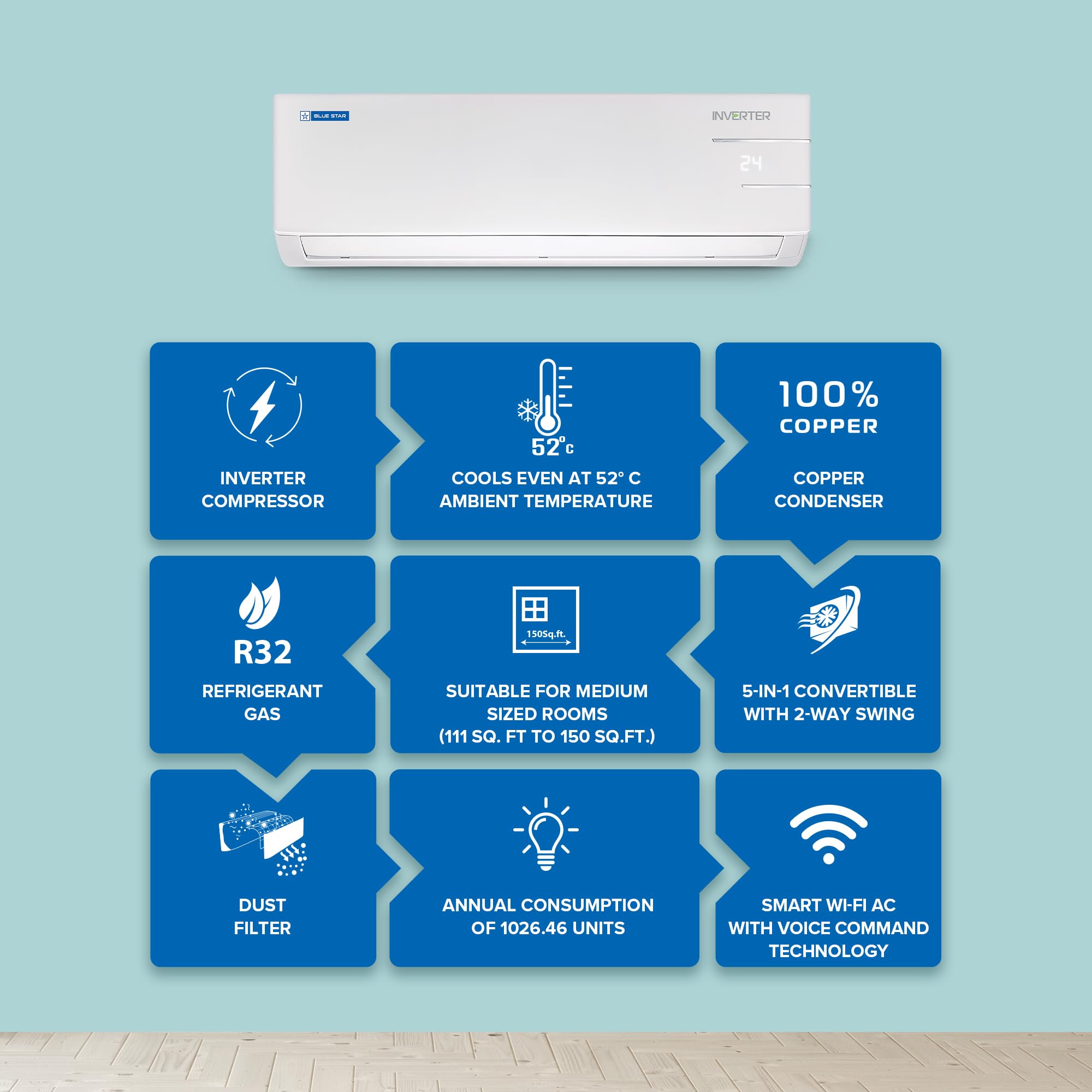 Blue Star 1.5 Ton 3 Star, Wi-Fi Smart Inverter Split AC (Copper, 5 in 1 Convertible Cooling, 4-Way Swing, Turbo Cool, Voice Command, IC318YNUS, White)