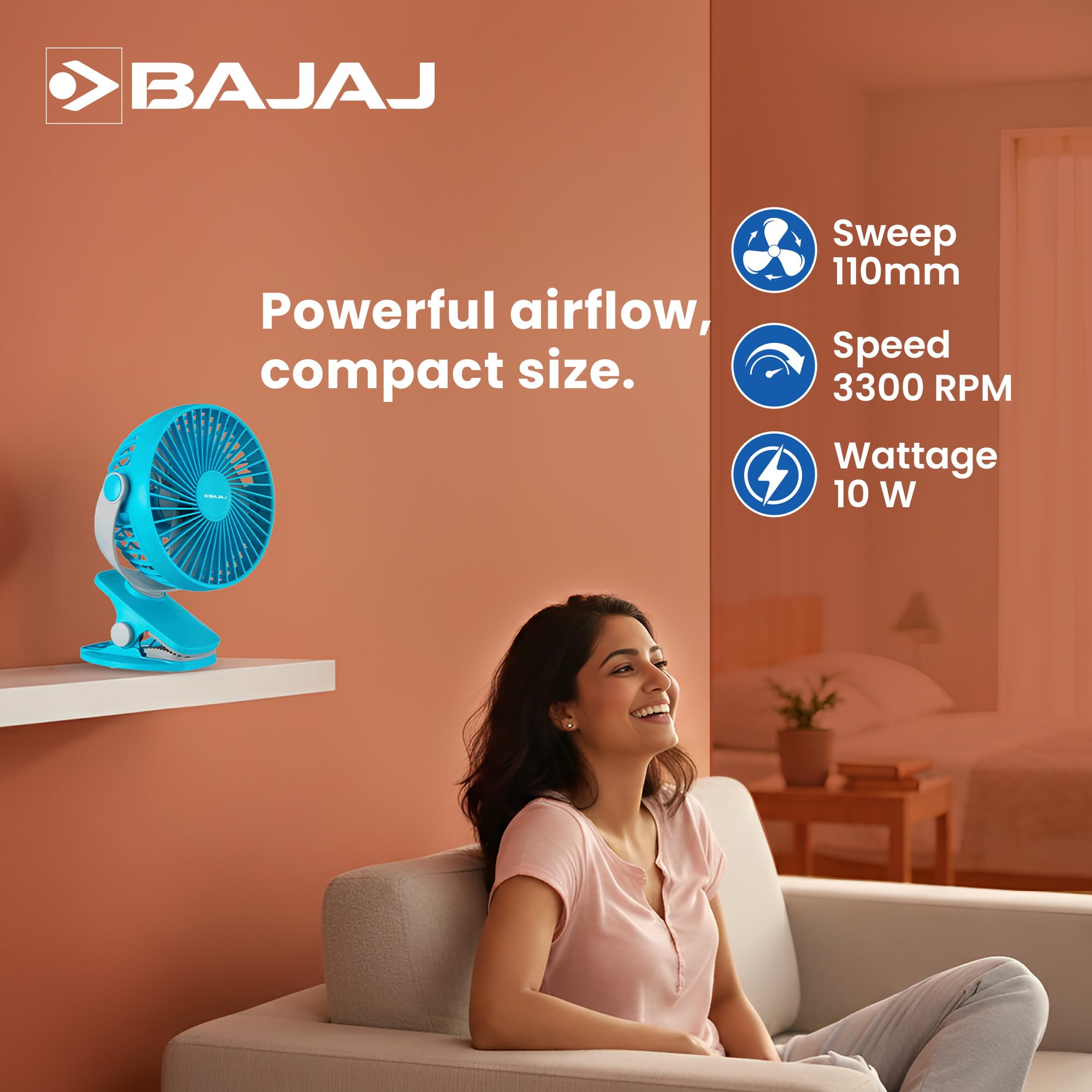 Bajaj Pygmy Mini Fan 110MM | USB Charging | Multi-Clip Function | Rechargeable | 4-Hr Back-up | Silent Operation | Longer Battery Life | Energy Efficient | Portable 【Blue】