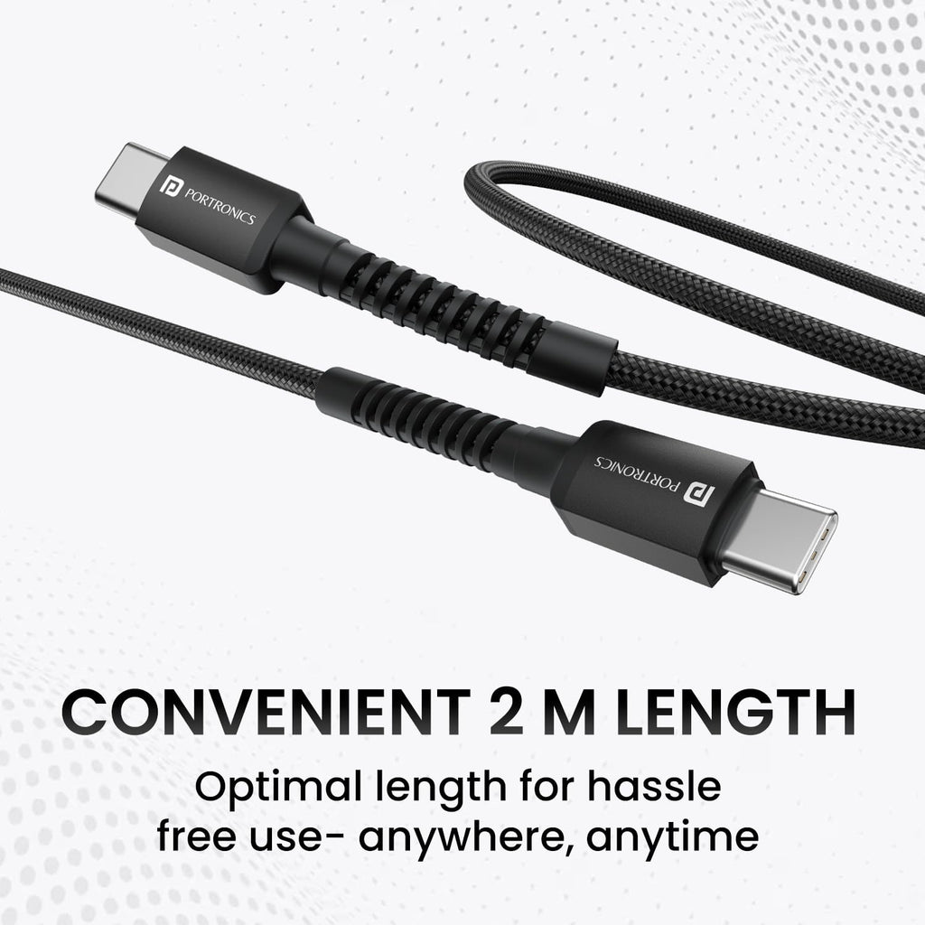 Portronics Konnect X 60W Unbreakable Nylon Braided Cable, 2M Fast Charging Cable For iPhone 15 Series, iPad, Samsung Galaxy (Black)