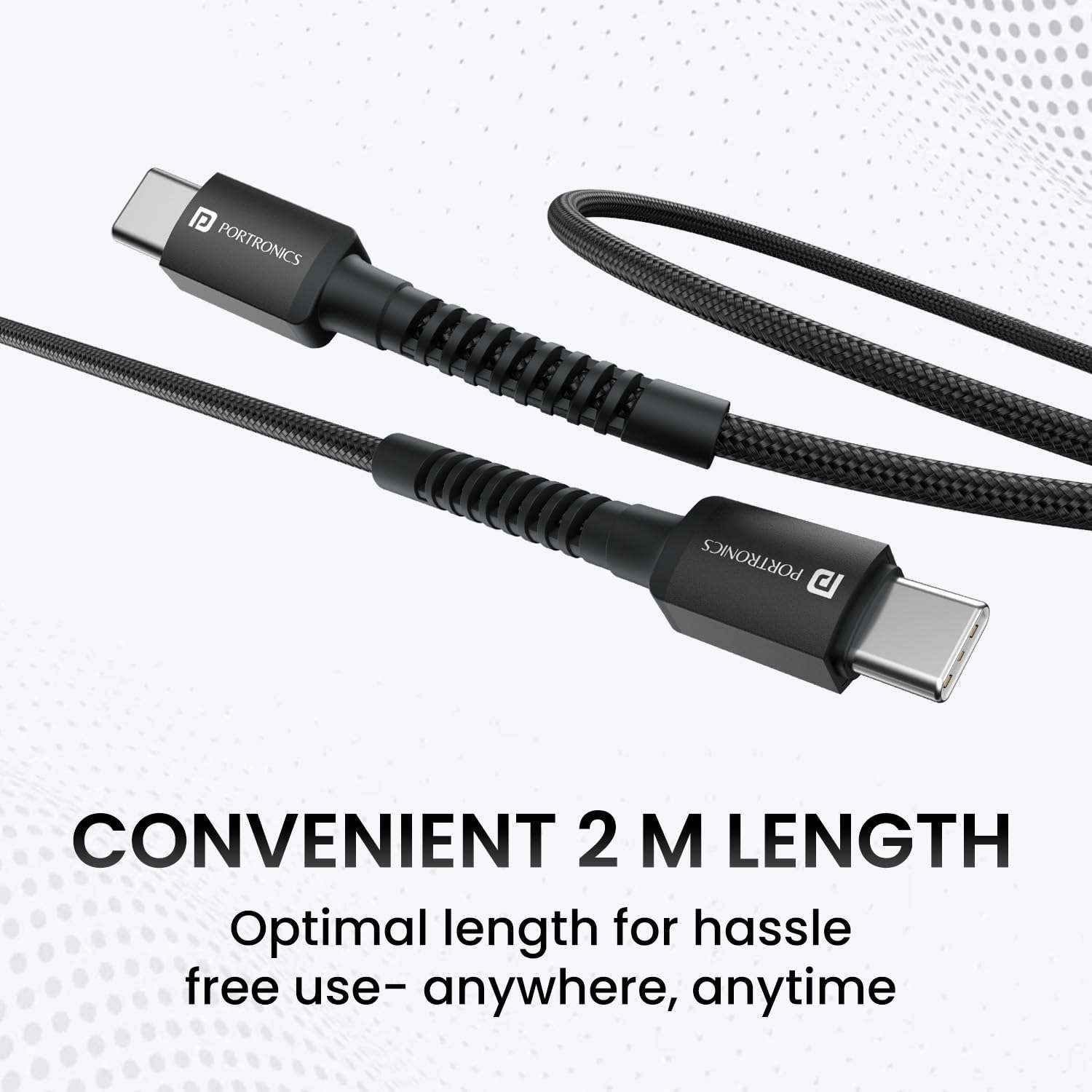 Portronics Konnect X 60W Unbreakable Nylon Braided Cable, 2M Fast Charging Cable For iPhone 15 Series, iPad, Samsung Galaxy (Black)