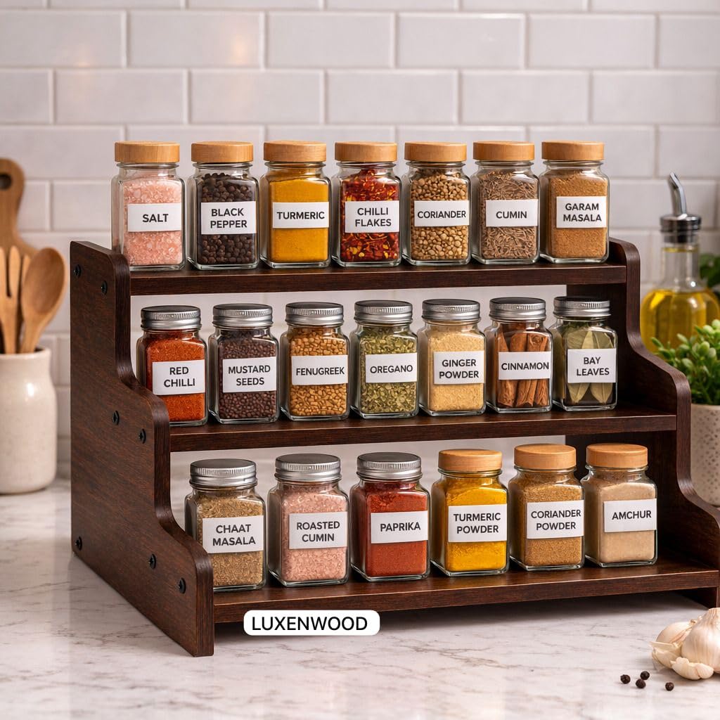 3 Tier Wooden Kitchen Organizer Rack for Countertop | Wooden Spice Rack Stand for Kitchen Counter | Kitchen Shelf Organizer & Cabinet Shelf Riser | Decorative Masala Rack Storage Stand | Dark Brown