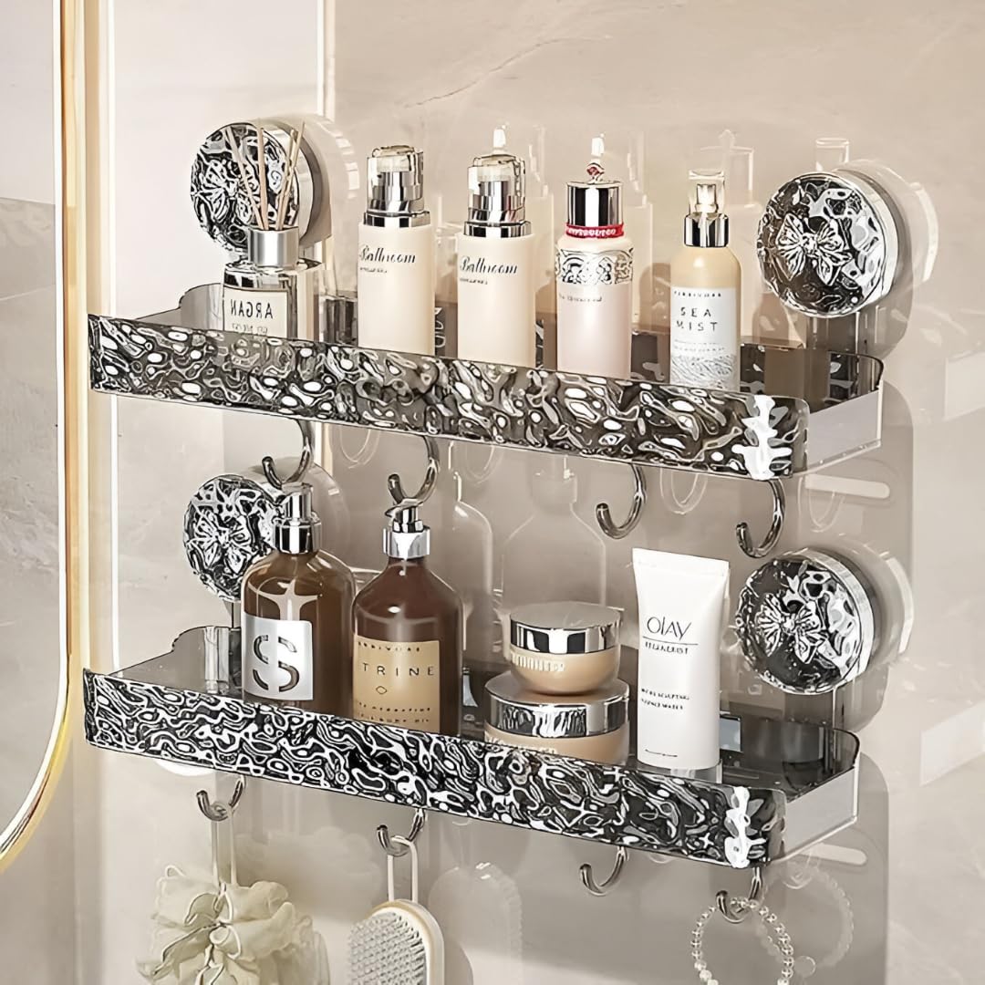 ZOCKRIX Wall Mounted Bathroom Storage Rack with Suction Cups – Double Shelf with Hooks – Transparent & Patterned Front Design (2)
