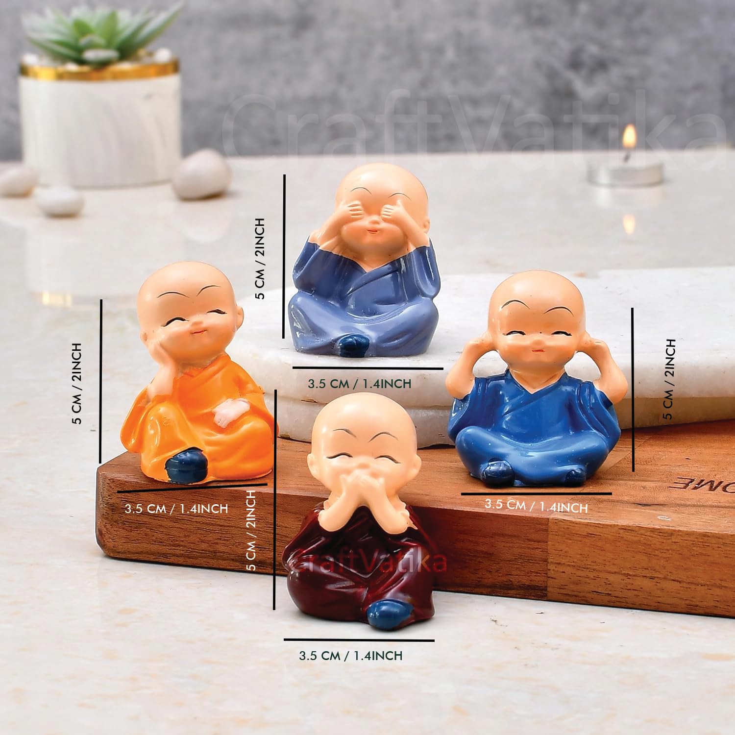 Collectible India Buddha Monk Set of 4 Statue Figurines Home Decor Items, Decorative Items for Home, Showpiece Cute Mini Idol for Car Dashboard Table Top Decoration Item Living Gift (Type 1)