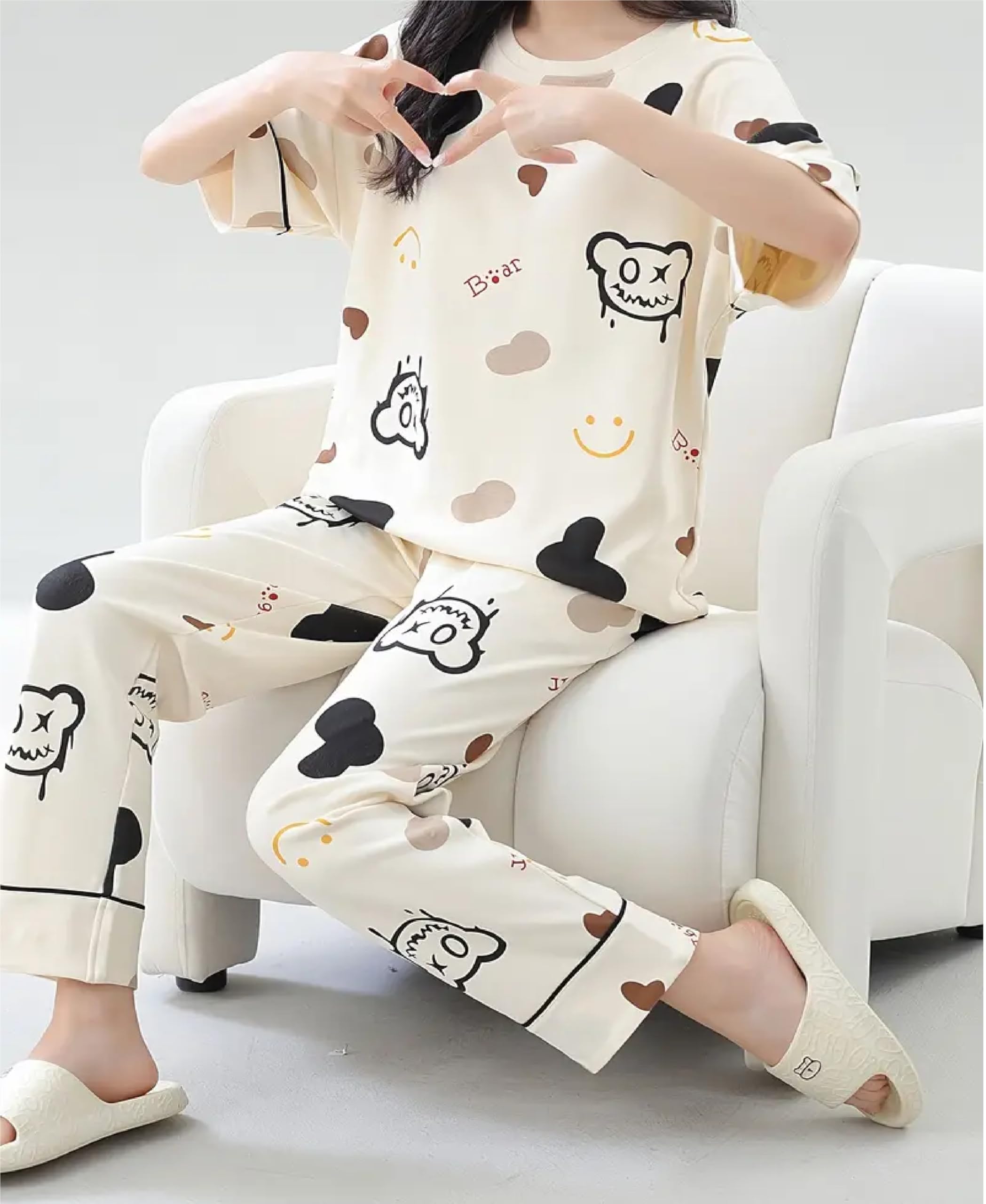Louis Luxe Womens Korean Night Dress || Full Pyjama Set ||Korean Nightsuit || Women Nightwear ||Round Neck Full Sleeve Nightsuit || Loungewear || Everyday Nightdress (ND-10-CREAM-XL)
