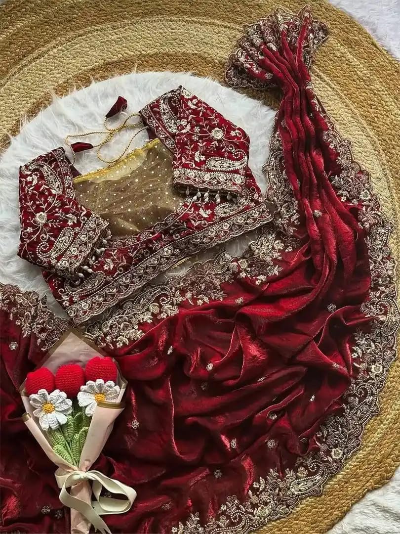 Sareya Veela Designer Sequins and Jari Thread Embroidery Work Saree with Elegant Border and Intricate Cutwork Detailing for Festive Wedding (Maroon)