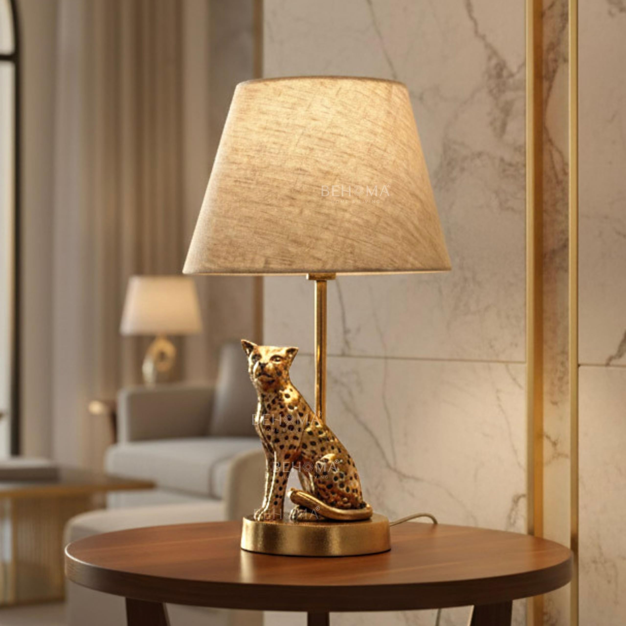 BEHOMA Luxury Jaguar Figurine Table Lamp with Antique Gold Aluminium Base & Fabric Shade | Elegant Home & Office Decor | Gift for Men, Kids, Housewarming Anniversary & Birthday (Bulb Not Included)