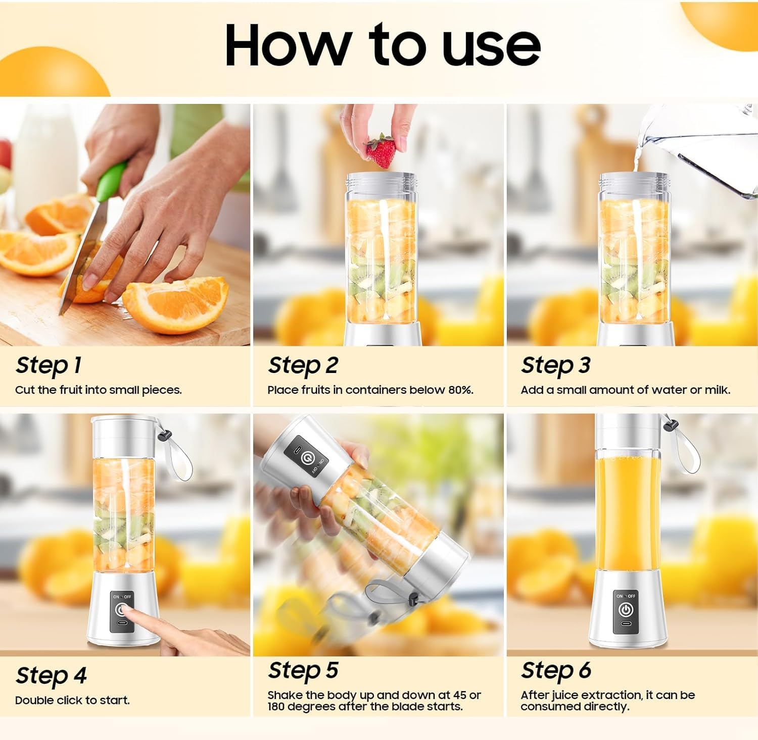 Toy O'Fun Portable 6-Blade Juicer Blender with Built-In Jar, Juice Mixer Bottle, Fruit Juice Machine, USB Rechargeable Personal Size Juicer Grinder for Juices, Kitchen Appliance for Protein & Milk Shakes - Multicolor