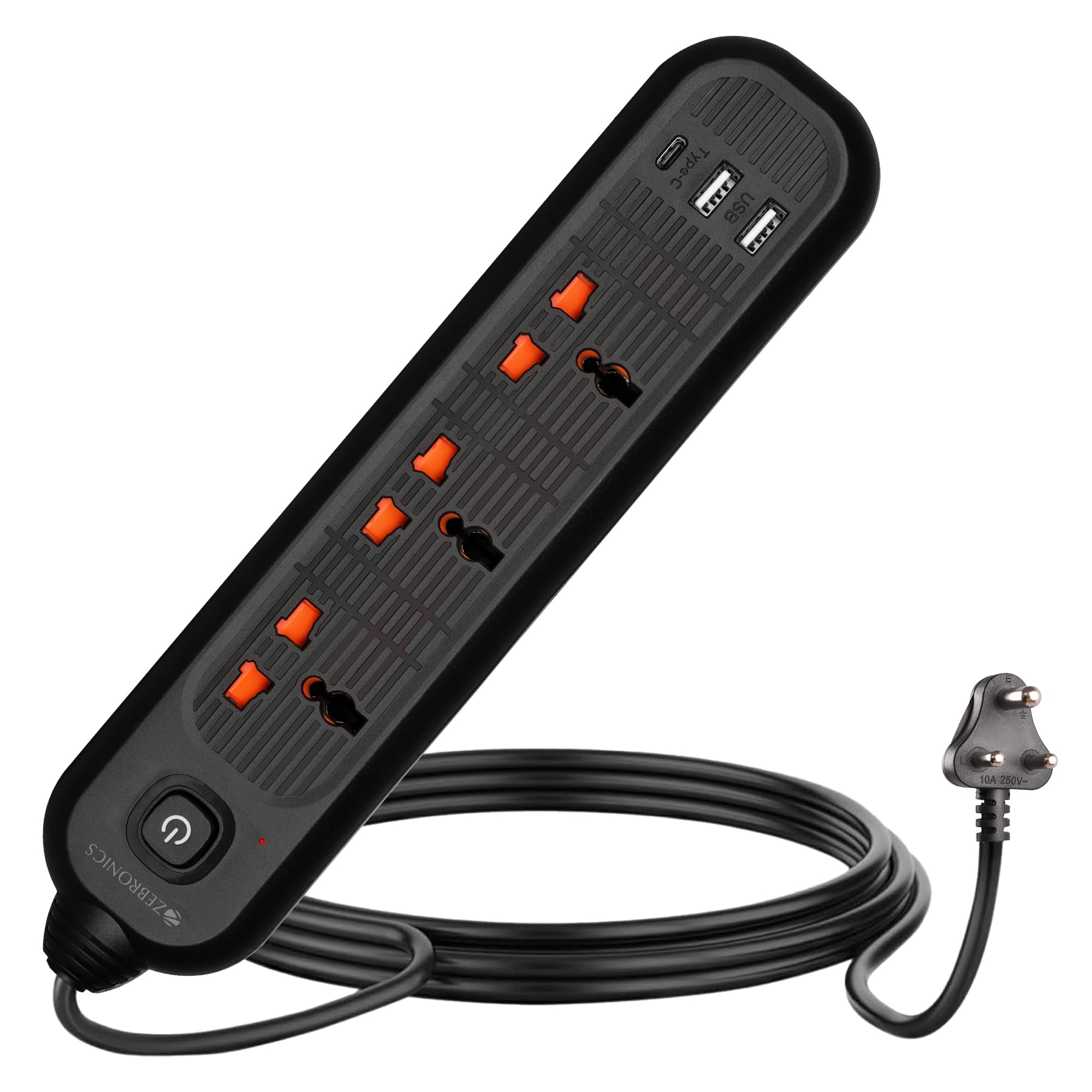 ZEBRONICS Power BAR 132, Extension Board/Strip, 2000 Watts, 10 Amps, 1x Type C Port, 3X Universal Socket, 2X USB Port, LED Indicator, On/Off Switch, Wall Mountable, 3 Meter, Black