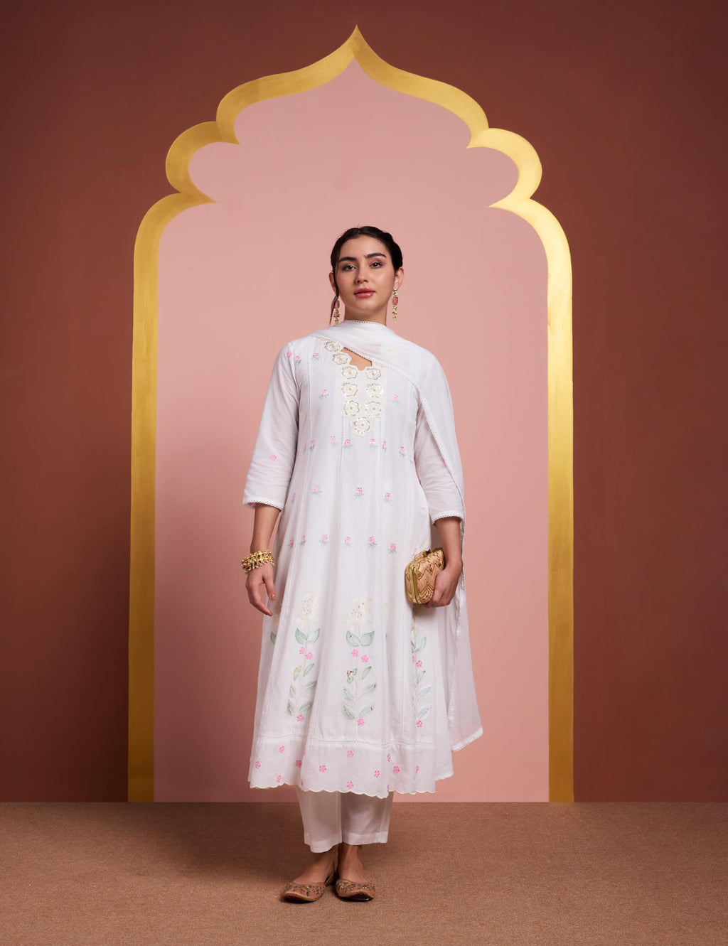 Amazon Brand - Myx Women's Pure Cotton A-Line 3 piece Schiffli Suit Set (Available in Plus Sizes) (SS26-MYX-SUR-SKD-01 (A)_White_L)