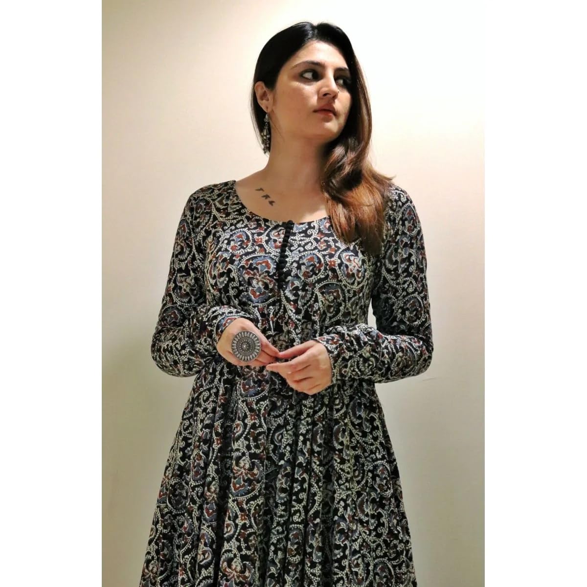 Nermosa Women Printed Anarkali Kurta and Pant Set with Dupatta | Printed Kurta Set | Cotton Suit | Women Kurta Sets | (IN, Alpha, XL, Standard, Black)