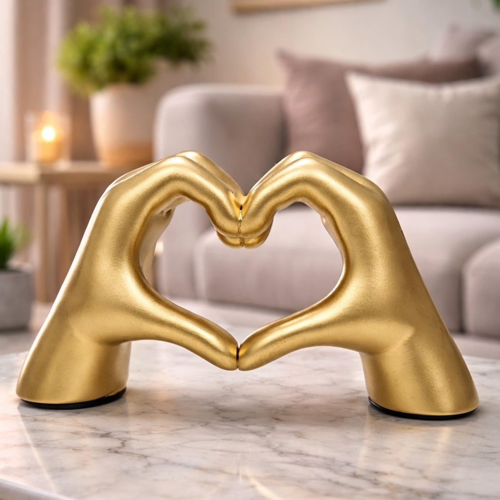 PulGos Golden Hand Heart Statue - Modern Finger Gesture Sculpture & Showpiece for Home Decor | Aesthetic Decorative Items for Living Room, Bedroom, Office Desktop, Bookshelf & Luxury Gifting