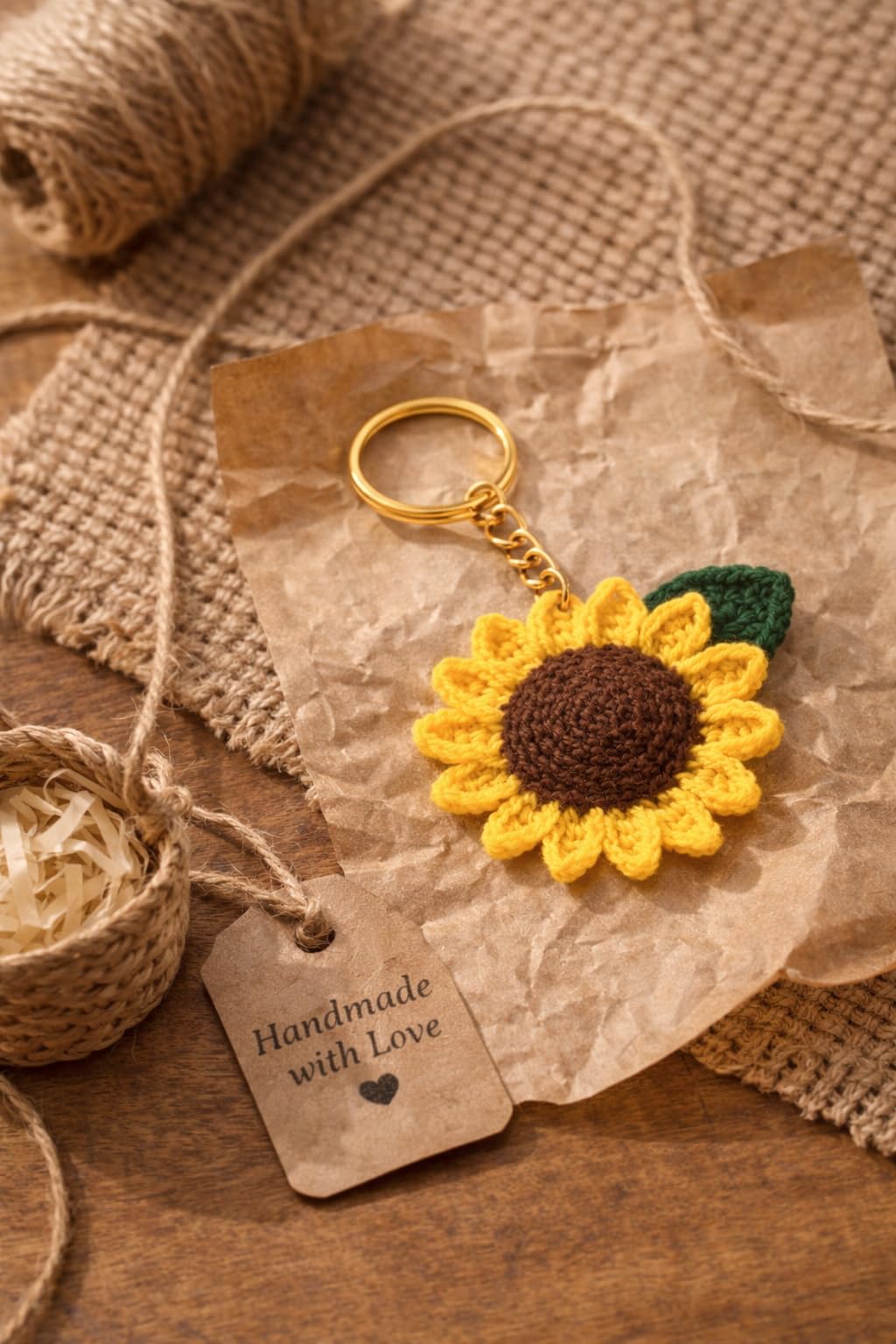 VARIQ Handmade Crochet Sunflower Keychain for Women & Girls, Cute Yellow Flower Key Ring Charm, Soft Yarn Knitted Gift, Bag Charm, Car Key Holder, Aesthetic Handmade Floral Accessory