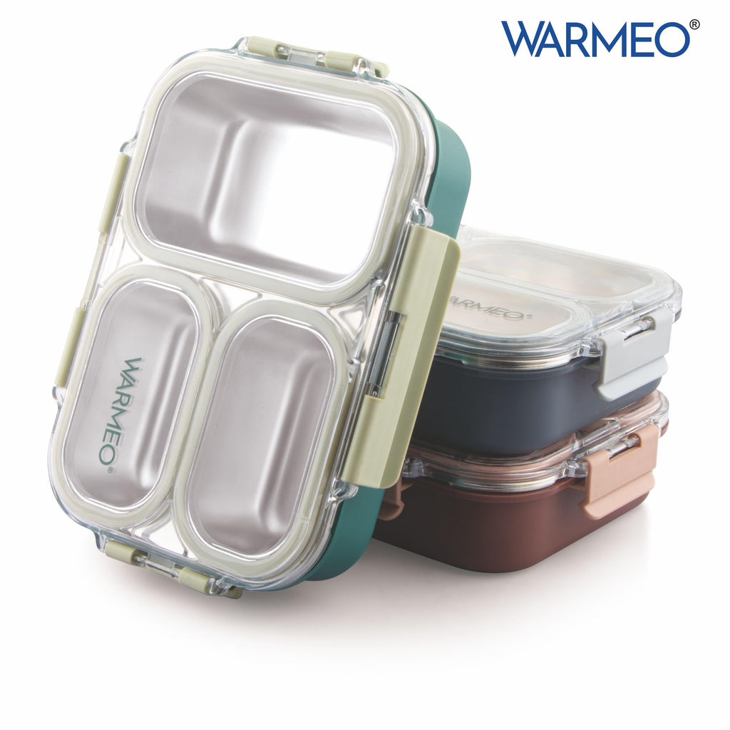WARMEO BENTO Microwave-Safe Stainless Steel Lunchbox with 3 compartments,bpa Free,Perfect for Office, School, Travelling, 750ml-Green