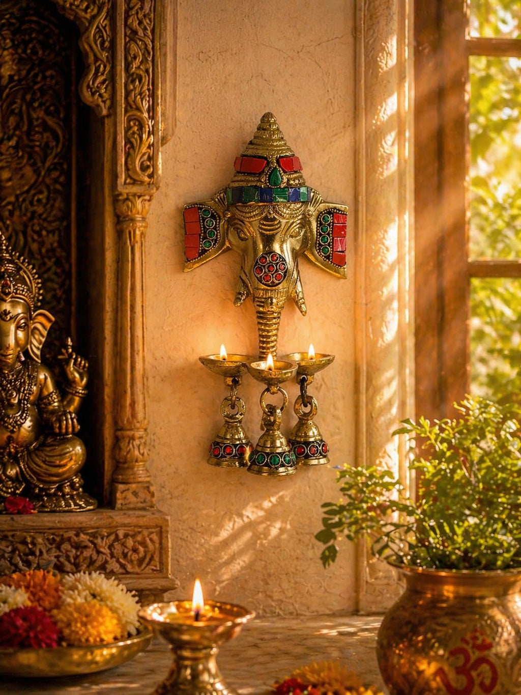 Two Moustaches Gemstone Work Brass Ganesha Wall Hanging Diya with Bells for Home Decor, Brass Hanging Diyas Oil Lamp, Diwali Gifts, Diyas for Diwali, Ghanti for Pooja, Temple Decor, Pack of 1