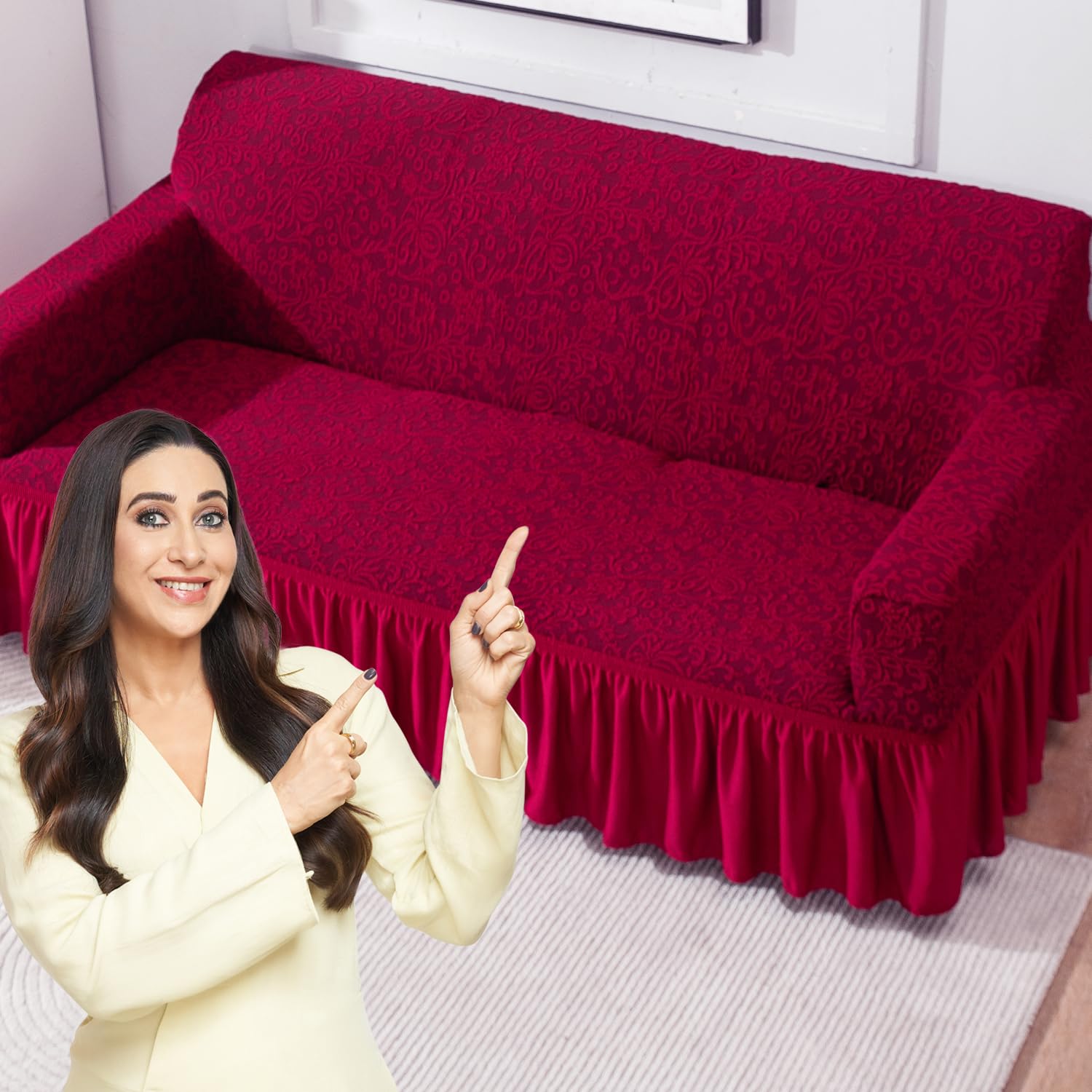 HOKIPO 3 Seater Sofa Cover Stretchable Jacquard Fabric | Elastic Bottom Slipcover with Frill Skirt | Thick 240 GSM Couch Cover | Washable Living Room Sofa Protector, Wine Red (AR-4648-J1)