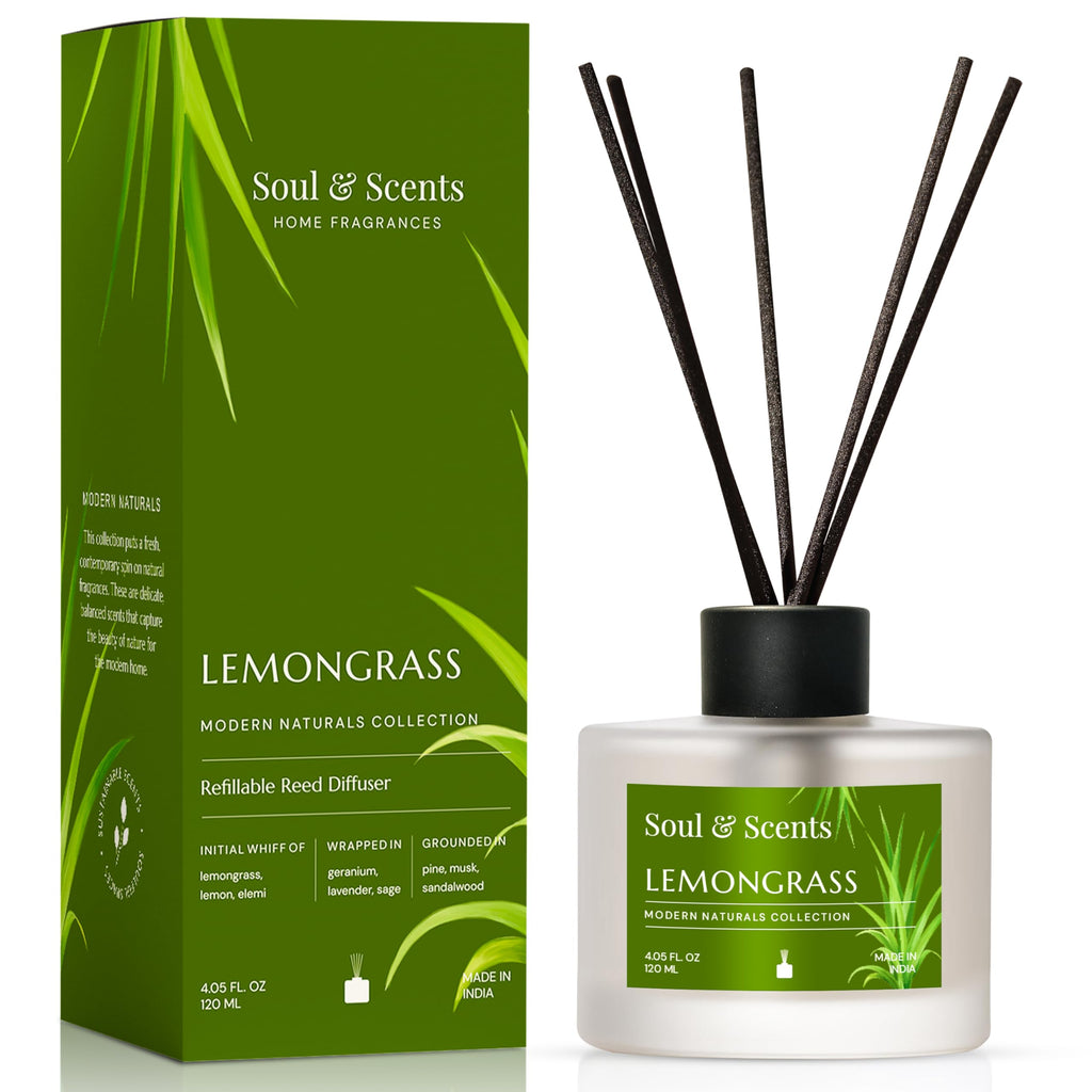 Soul & Scents Glass 120ml Lemongrass Reed Diffuser Set | Free 6 Fiber Reed Sticks | Stress Relief & Aromatherapy | Long-Lasting, Smoke-Free Air Freshener for Home, Bedroom & Office | Ideal for Gifting