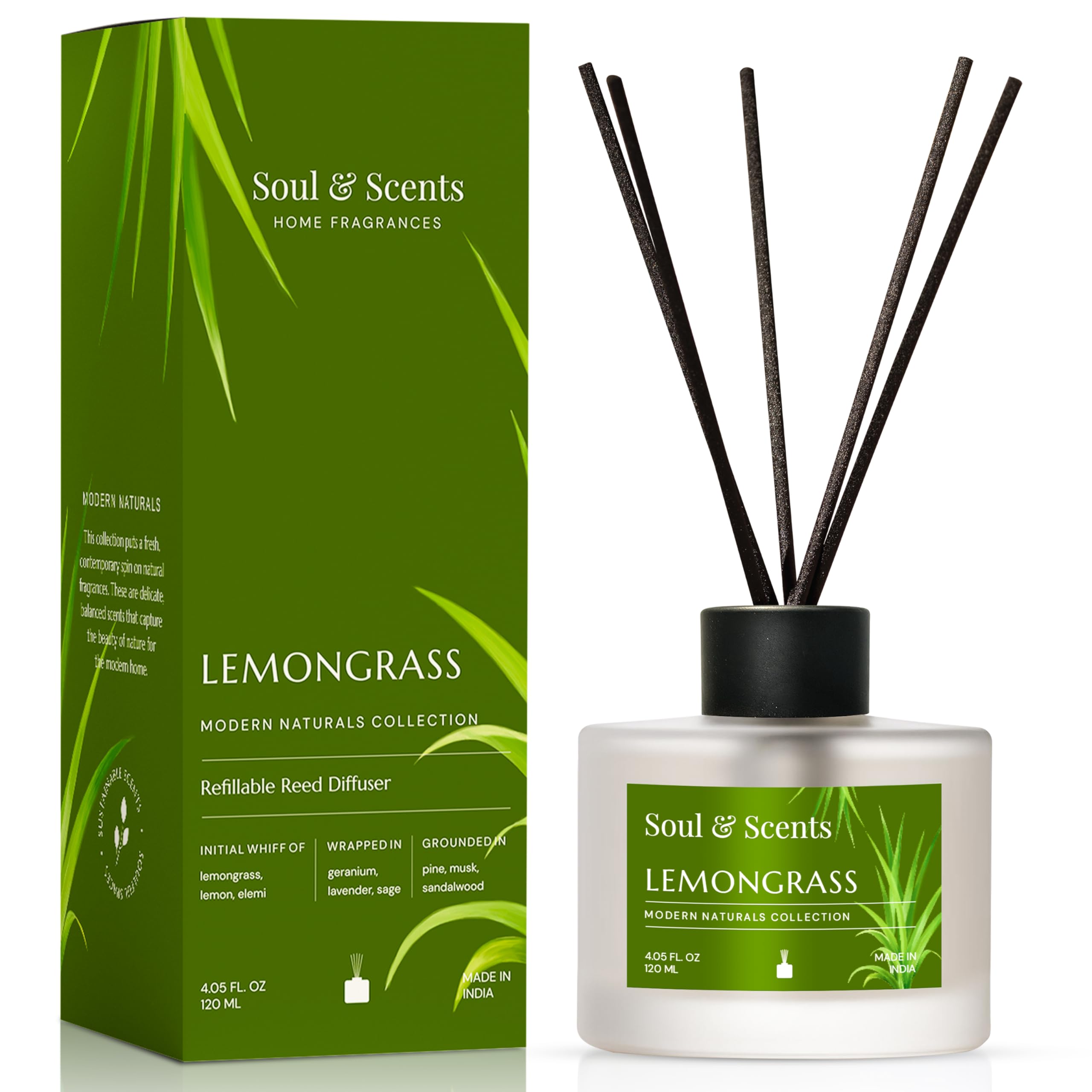 Soul & Scents Glass 120ml Lemongrass Reed Diffuser Set | Free 6 Fiber Reed Sticks | Stress Relief & Aromatherapy | Long-Lasting, Smoke-Free Air Freshener for Home, Bedroom & Office | Ideal for Gifting