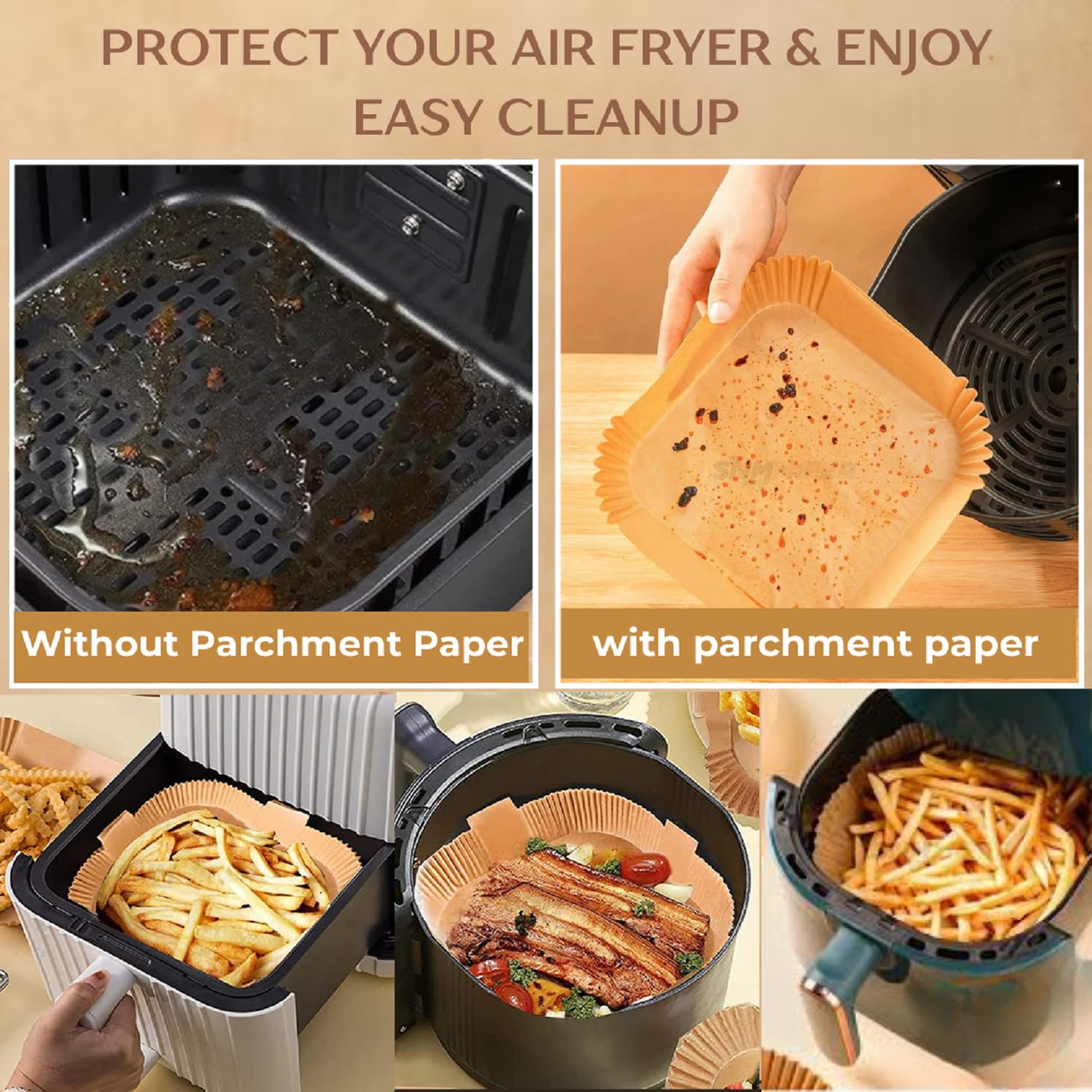 SNMMIFER Air Fryer Liners Disposable, 8 Inch Square, Unbleached Parchment Paper, Non-Stick Waterproof, for 5-8 QT Air Fryer Basket, 100 Pieces