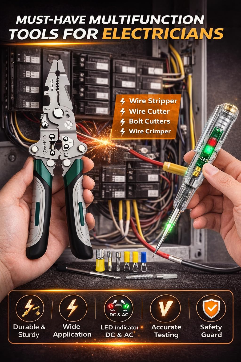 20-in-1 Multifunctional Stainless Steel Wire Cutter Foldable Wire Stripper Crimper Cable Cutter Pliers Non slip Grip for Cutting Electrical Stripping Tool & Crimping Tool with [LED Voltage Tester Pen]