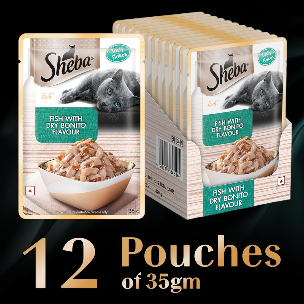 Sheba Rich Premium Adult (1+ Years) Wet Cat Food, Fish with Dry Bonito Flavour, 35 g Pouch (Pack of 12), High-moisture wet food for healthy hydration