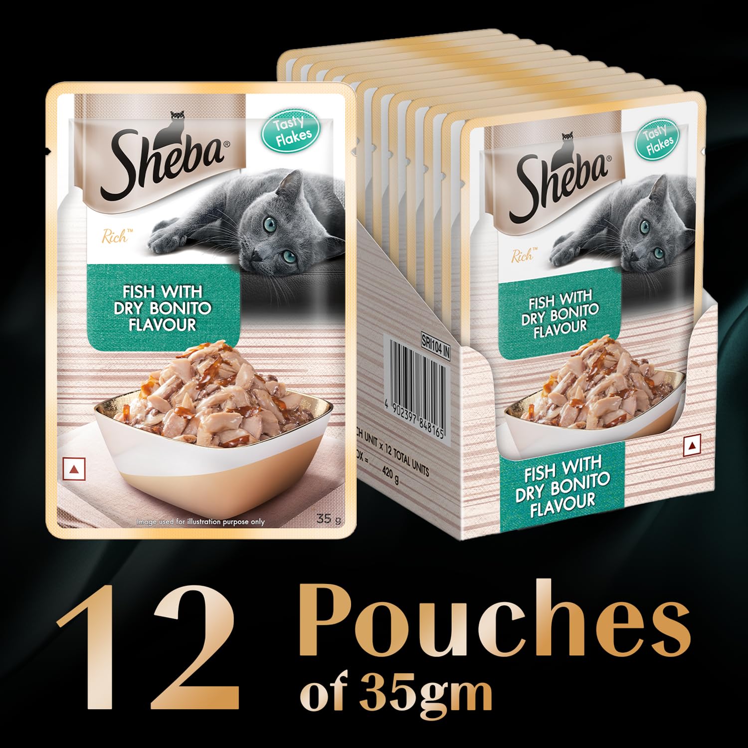 Sheba Rich Premium Adult (1+ Years) Wet Cat Food, Fish with Dry Bonito Flavour, 35 g Pouch (Pack of 12), High-moisture wet food for healthy hydration