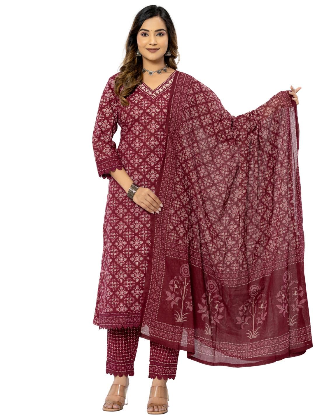 Amayra Women's Cotton Printed Straight Kurta with Pant and Dupatta Set(TCK559,Maroon,3XL)