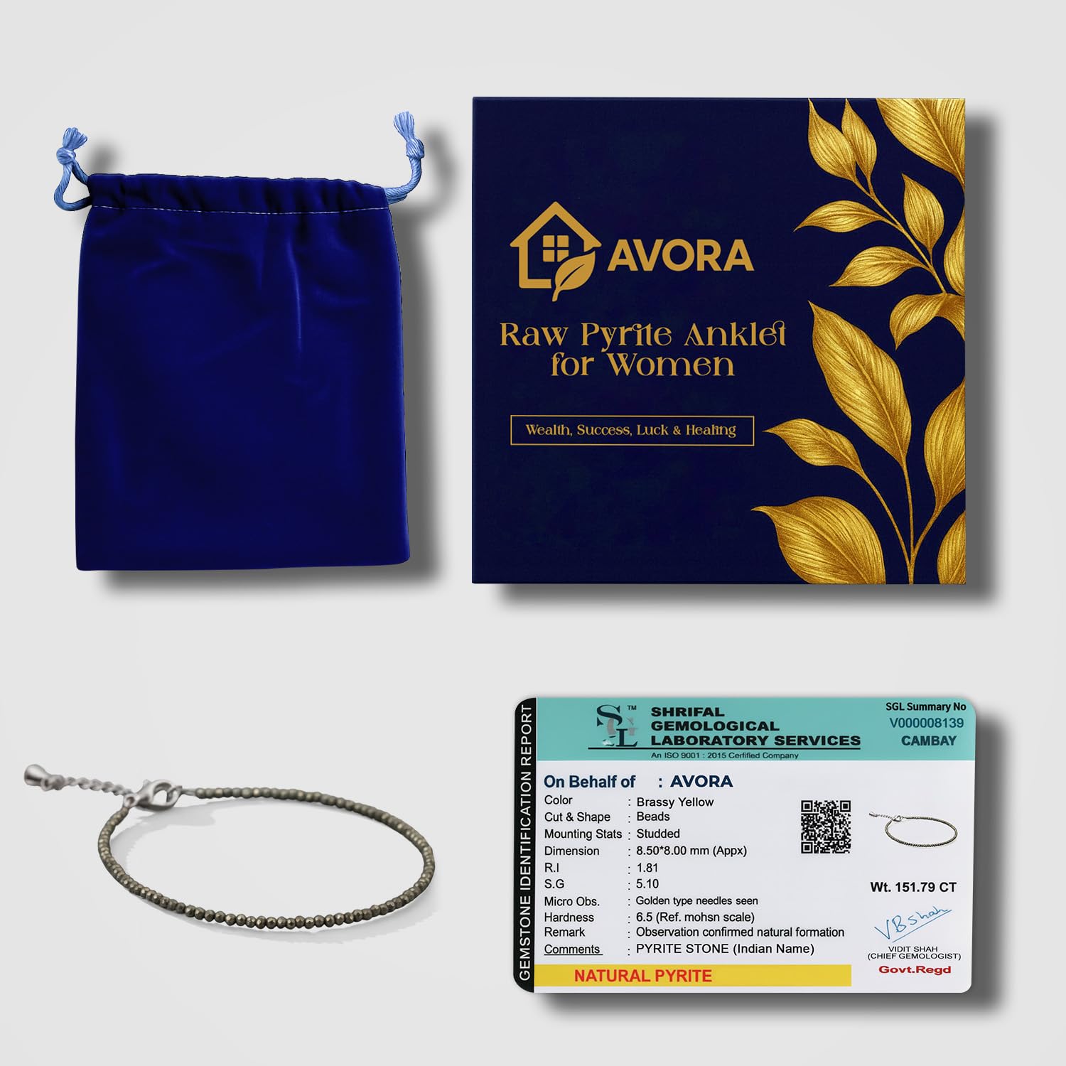 AVORA Raw Pyrite Anklet for Women | Natural Stone Jewellery for Wealth, Luck & Protection | Certified Crystal | Spiritual Healing Jewellery Gift for Girls & Women | Adjustable Payal Bracelet