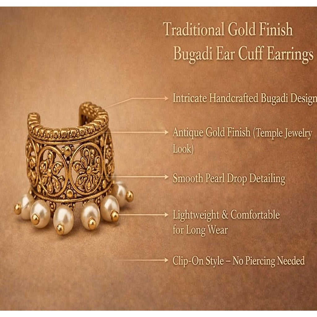 VAMA FASHIONS Traditional 18K Gold Plated South Indian Bugadi Bigadi Ear Cuff Earrings Temple Jewellery Pearl Drop Helix Ear Rings Maharashtrian Jewellery for Women