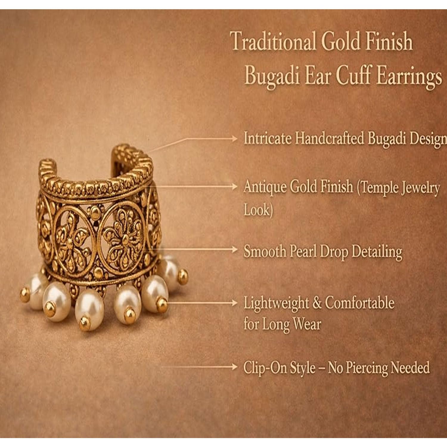 VAMA FASHIONS Traditional 18K Gold Plated South Indian Bugadi Bigadi Ear Cuff Earrings Temple Jewellery Pearl Drop Helix Ear Rings Maharashtrian Jewellery for Women