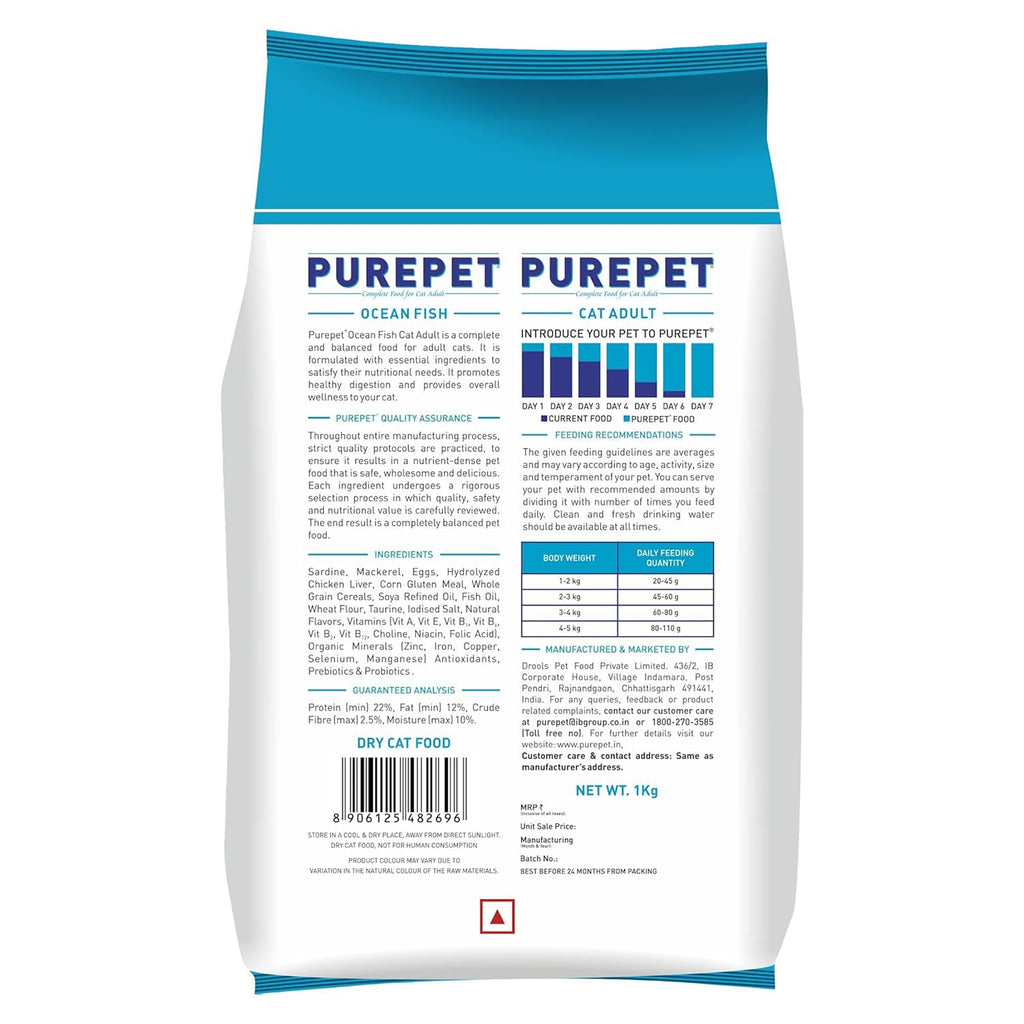Purepet Adult Dry Cat Food 1kg | Ocean Fish Flavour | Hairball Protection | Heart Care with Taurine | Skin & Coat Health