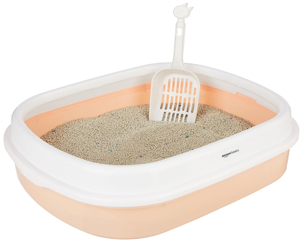 Amazon Basics Cat Litter Box Tray with Free Scooper | Semi Closed Design and Durable Quality | Suitable for All Adult Cats & Kittens, Pink