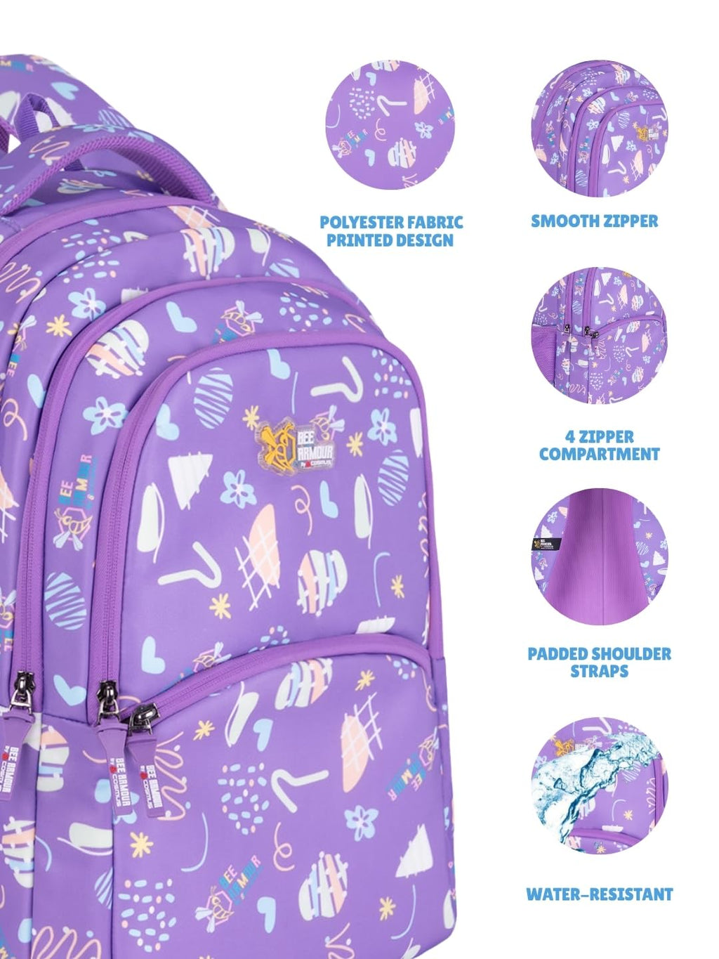 Bee Armour Lyra Sweet Treats 37L School Backpack – Black Ice Cream & Candy Fun Edition | For Kids (Girls & Boys) (Purple)